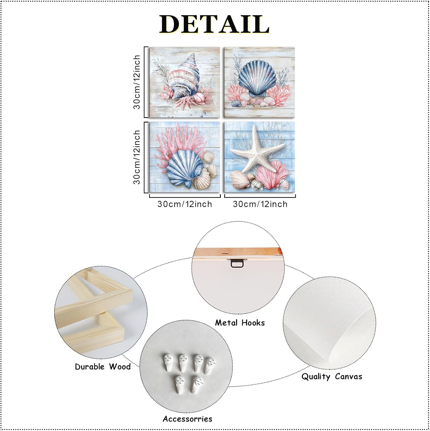 iLOOKLiKE 4 Pieces Beach Seashell Canvas Wall Art Coastal Shell Starfish Coral Conch Painting Pictures Ocean Theme Artwork for Bathroom Bedroom Decoration 12x12inchx4pcs