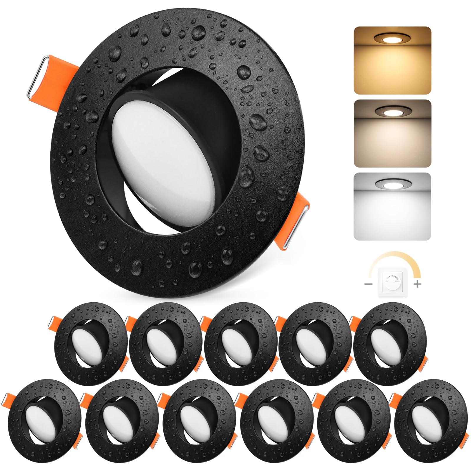 YindaLux Einbaustrahler LED Schwenkbar Einbauspots 230V Dimmbar 5W IP44 LED Spot 68-80mm Lochmaß Deckenspots 3000K/4000K/6000K Einbauleuchten für Badezimmer Wohnzimmer Küche Schwarz 12er Set