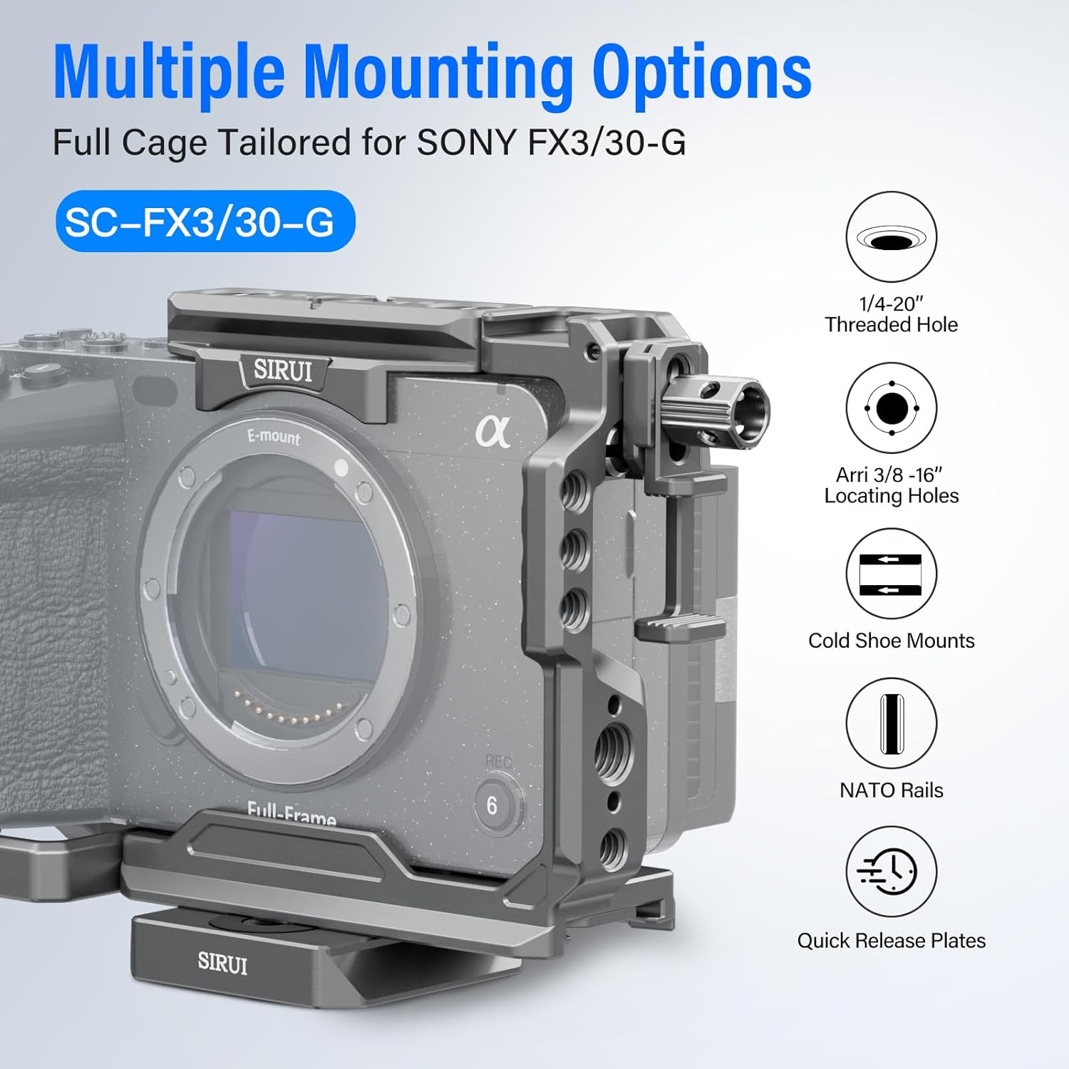 SIRUI Camera Cage for Sony FX 3 FX30 with Wrist Strap Cable Clamp for HDMI NATO Rail, QR Plate for Arca-Swiss, Compatible with Sony XLR Handle and Compatible with DJI RS2 RS3 Gimbal, Grey