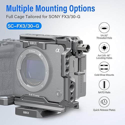 Miniatura 7 de SIRUI Jaula para cámara Sony FX 3 FX30 con abrazadera de cable para correa de muñeca para riel HDMI NATO, placa QR para Arca-Swiss, compatible con
