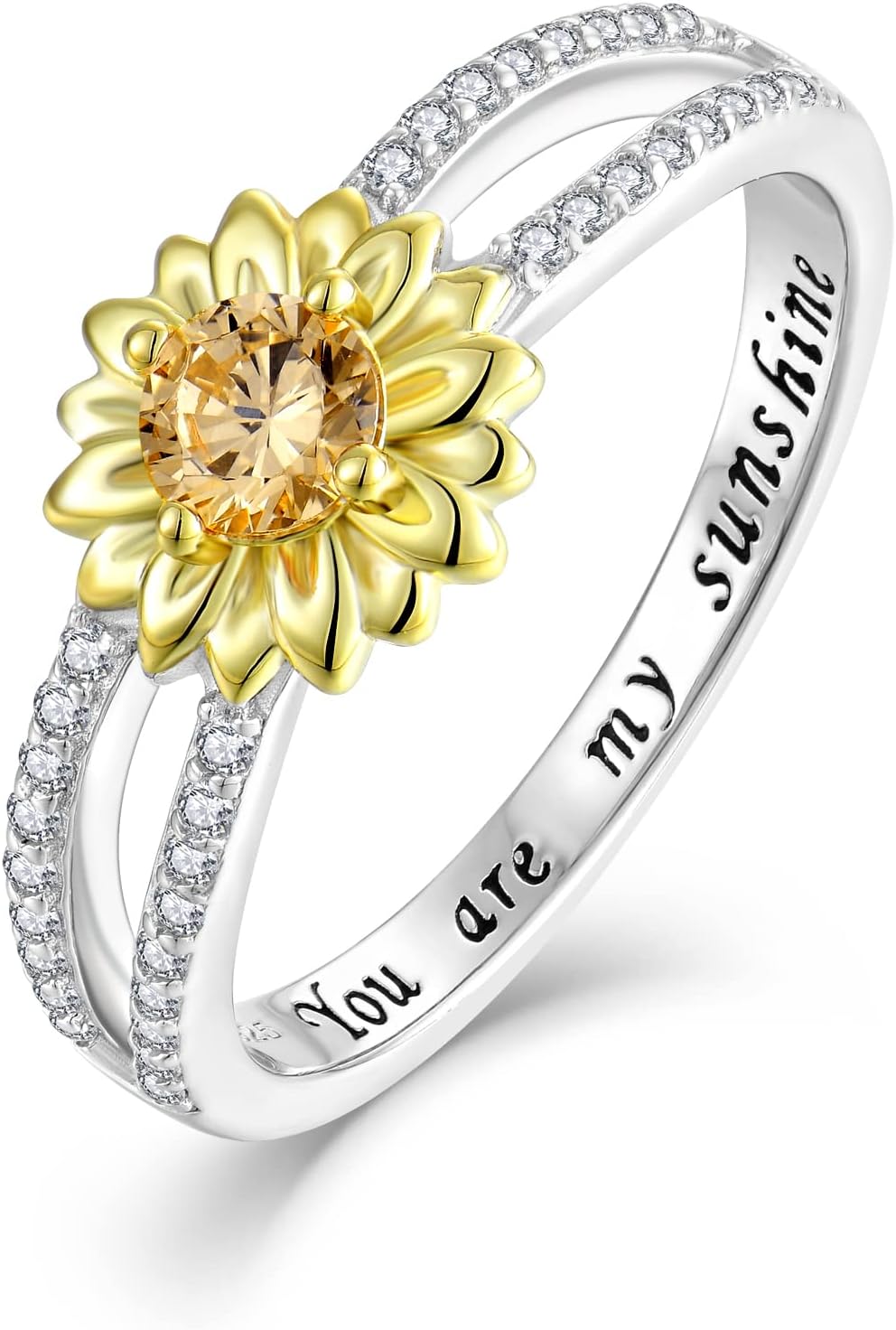Sunflower Ring for Women Sterling Silver Cubic Zirconial Sterling Silver You are My Sunshine Band Rings for Women