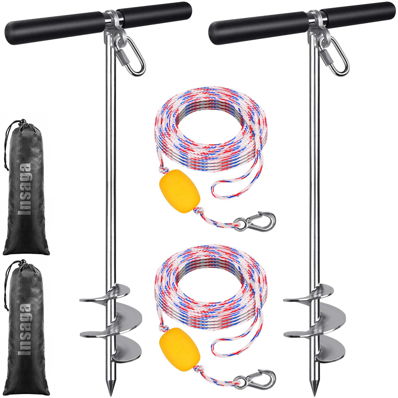 Insaga Kotwa piaskowa 91 cm do łodzi, wkręcana kotwica do łodzi ze stali nierdzewnej 304, z poprzeczką i liną 9,8 m, płytkie kotwica wodna do kajaka, skuterów wodnych, pontonu PWC, kotwica do piasku
