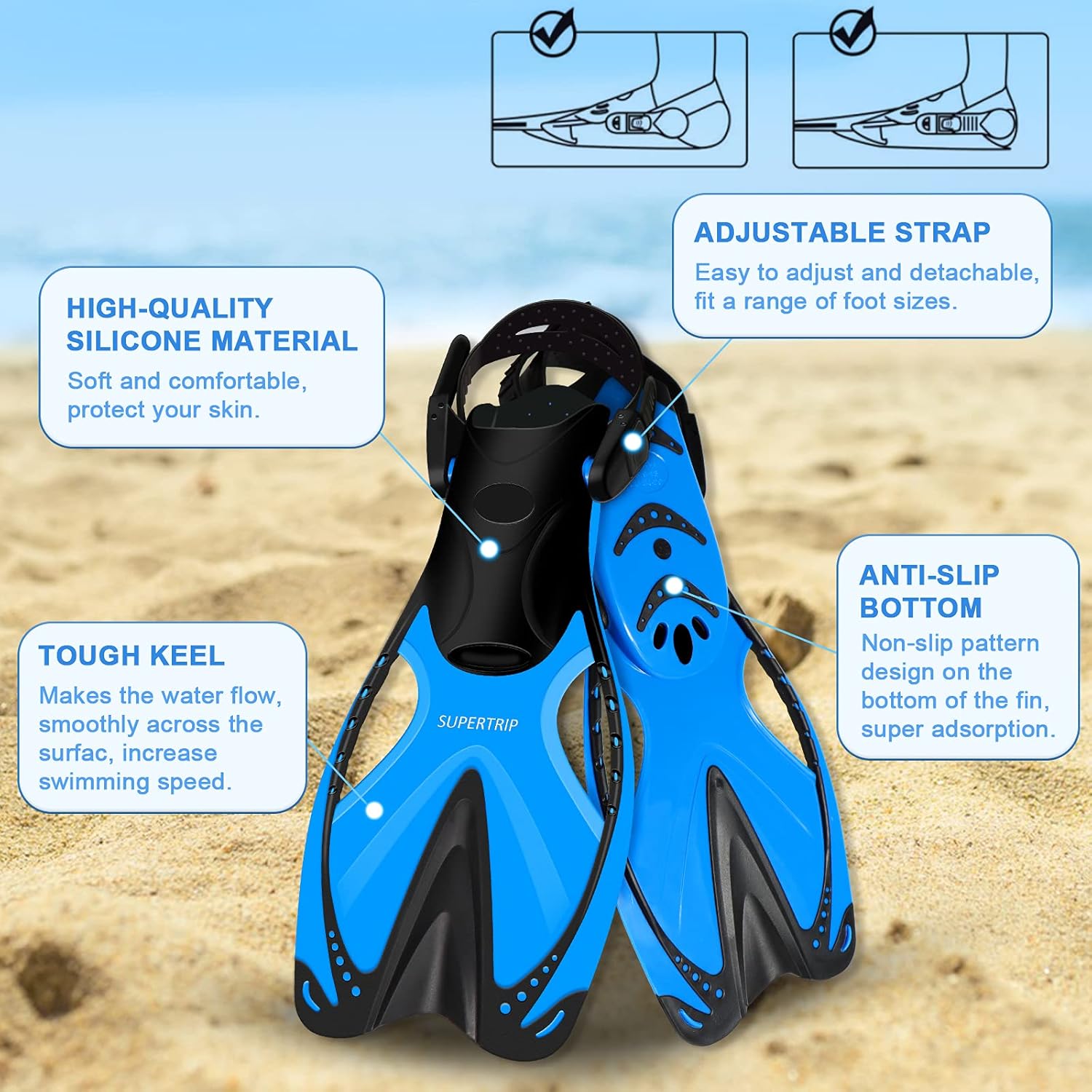 Supertrip Kids Snorkeling Set Children Mask Fin Snorkel Set Snorkeling Gear with Tempered Glass Snorkel Mask Diving Goggles, Dry Top Snorkel, Adjustable Swim Fins for Boys Girls : Sports & Outdoors