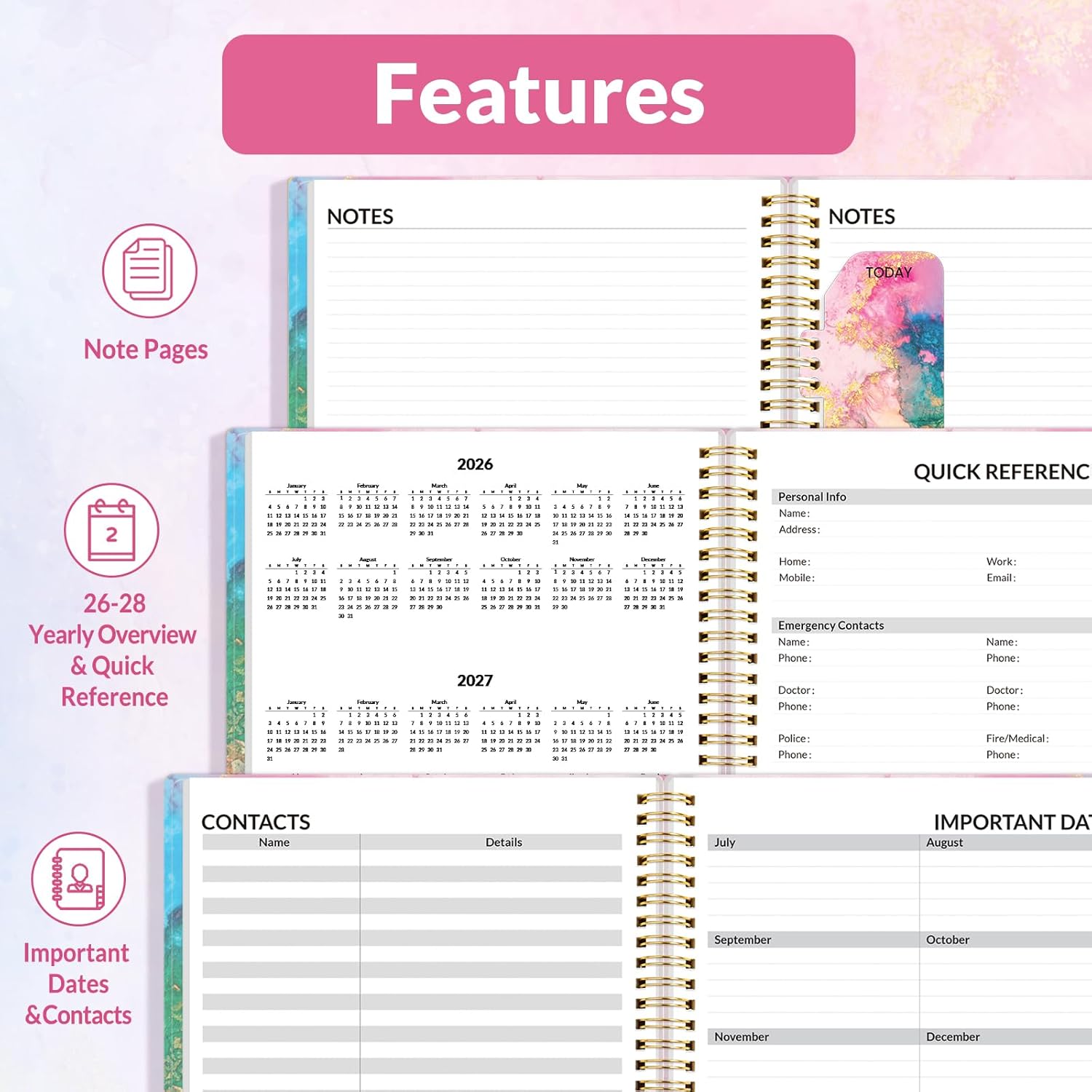 SUNEE 2026 Weekly and Monthly Planner - from January 2026 - December 2026, Daily Agenda Planner with Monthly Tab, Flexible Cover, Note Pages, Pockets, Bookmark, Spiral Binding, Pink Marble, 8.5"x11" - Image 5