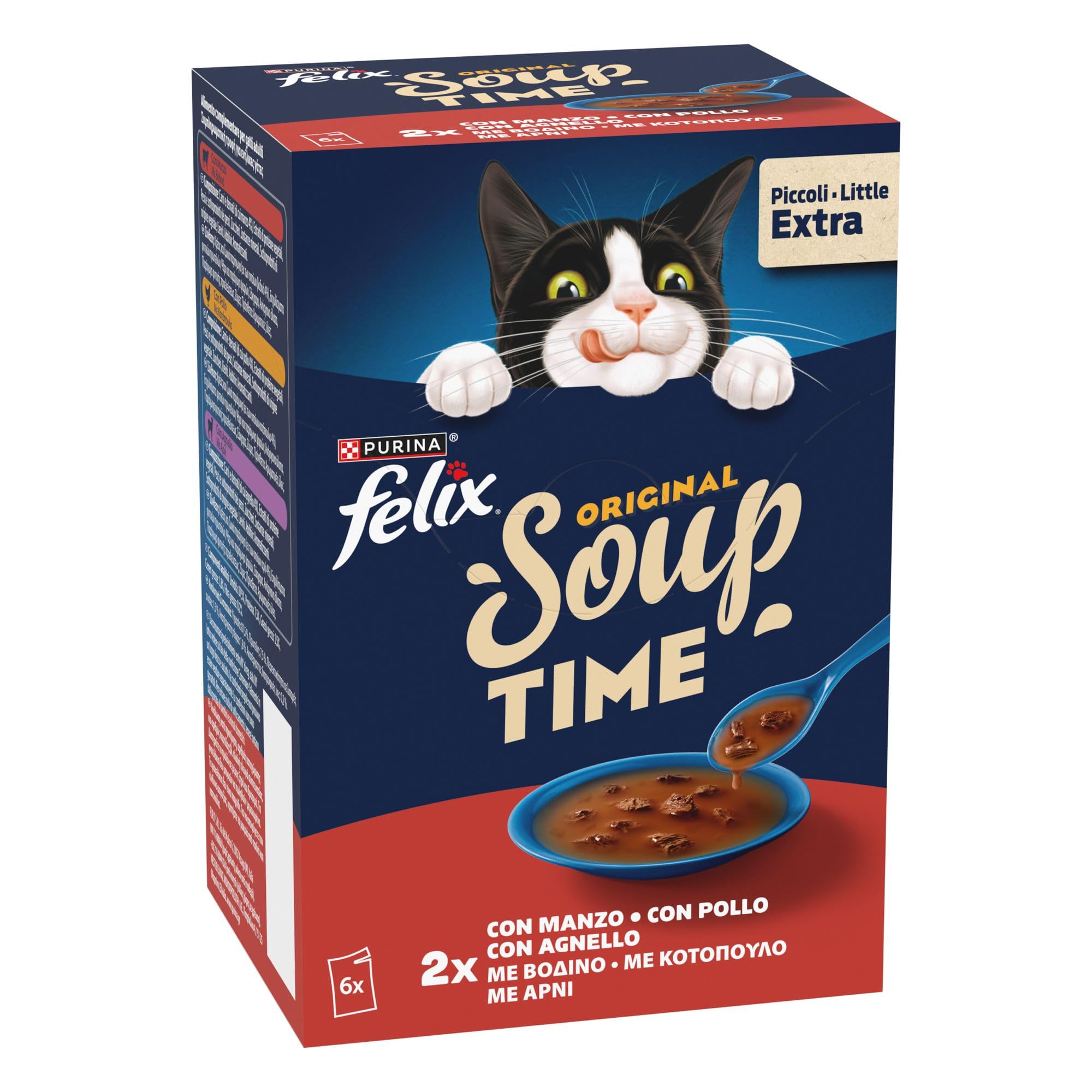 Purina Felix Soup Original Cibo Umido per Gatti con Manzo, Pollo e Agnello, 8 Confezioni con 48 Buste da 48g