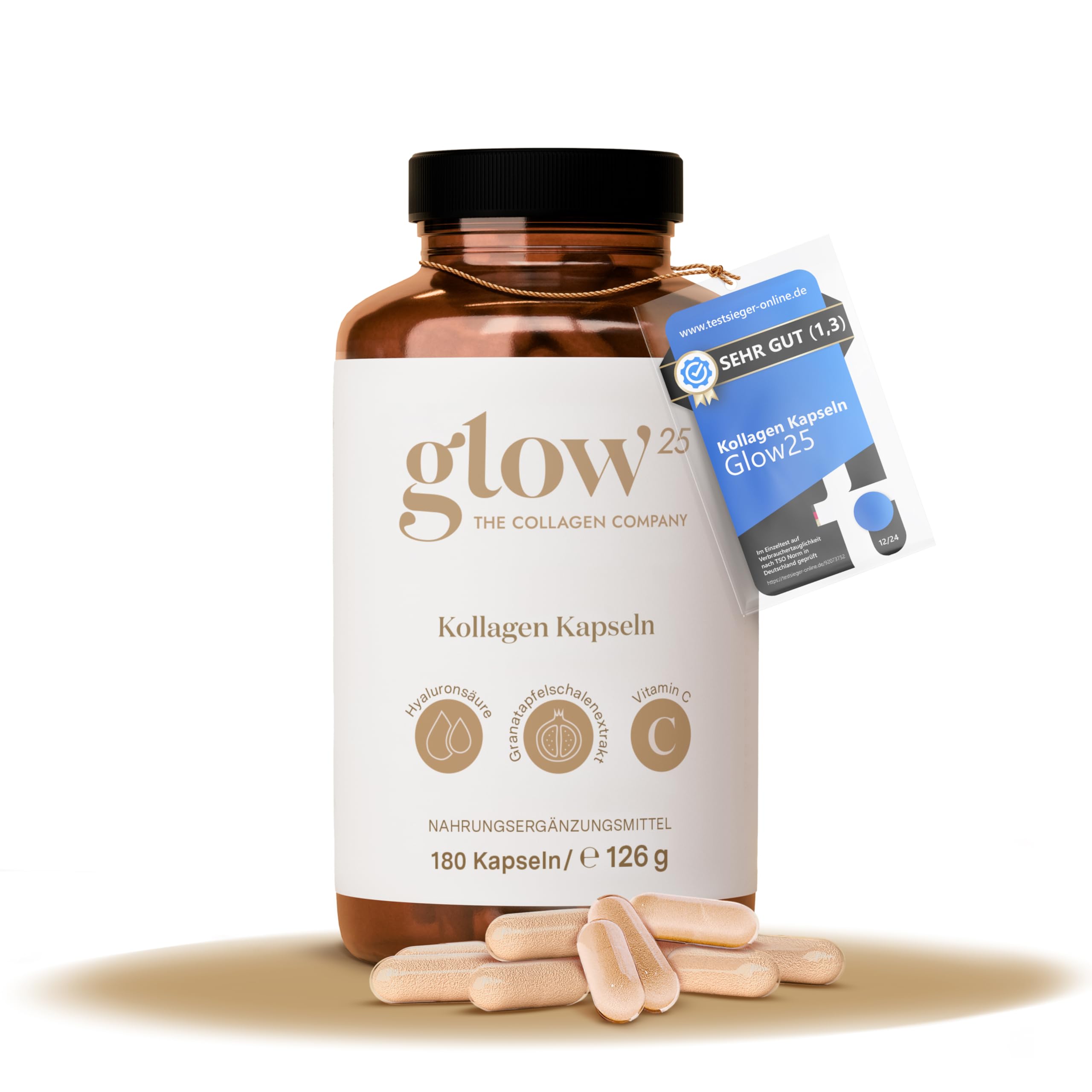 Glow25® Hochdosierte Kollagen Kapseln mit Hyaluron & Vitamin C | Premium Collagen Komplex für reife Haut | Laborgeprüfte