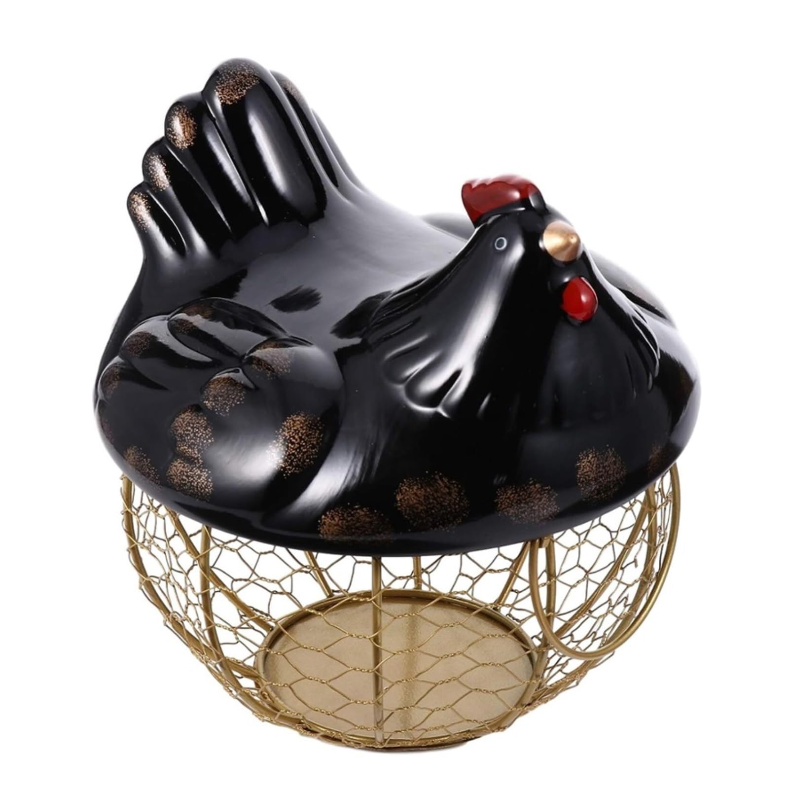 koszyczki na jajka z drutu, Kosz na jajka i owoce Żelazny ceramiczny kształt kurczaka Pokrywka do kury Czarna 20x20x22cm(A)