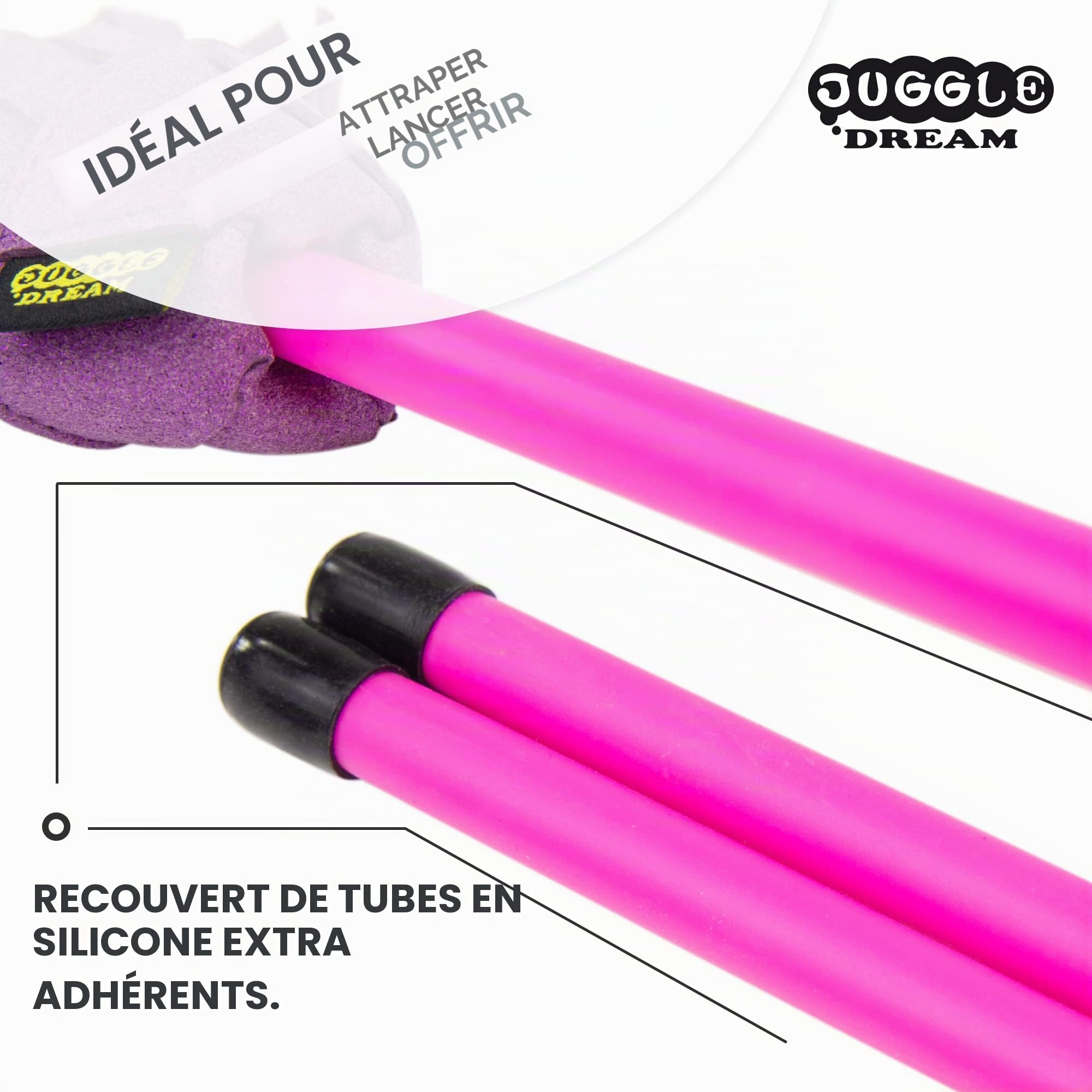 Juggle Dream Neo Flowerstick Kit Comprenant Baguettes en Fibre de Verre, Grip en Silicone, Franges en Daim, Jonglier Flower Stick (Rose/Violet)