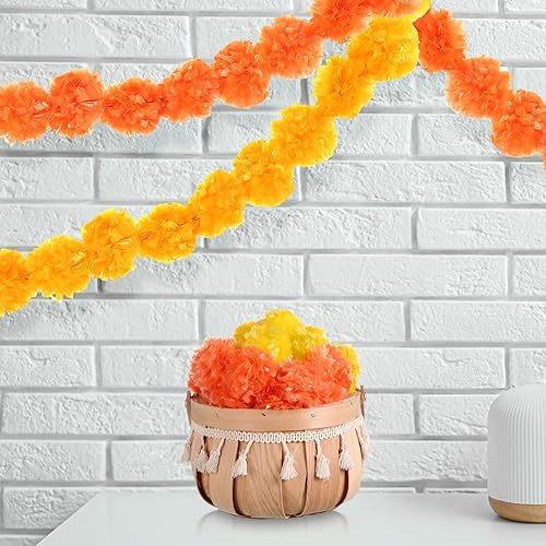 Miniatura 5 de Tigeen 60 guirnaldas de caléndula para decoración de 4 pies, flores artificiales de caléndula para decoración de manto, flores de caléndula india,