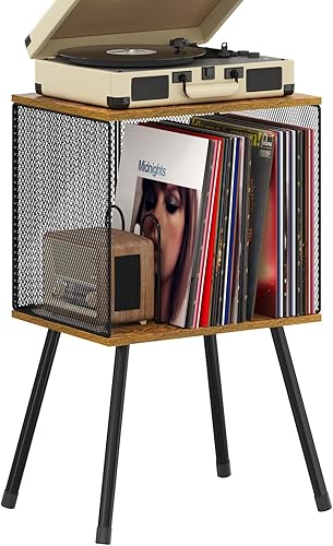 X-cosrack Soporte para tocadiscos con almacenamiento de hasta 100 álbumes, soporte para discos de vinilo pequeño retro  Divisor ajustable,