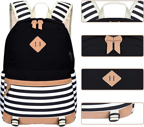 Miniatura 4 de Juego de bolsas escolares de lona a rayas, mochila casual para laptop, mochila para estudiantes universitarios, mochila para adolescentes, Mochila a