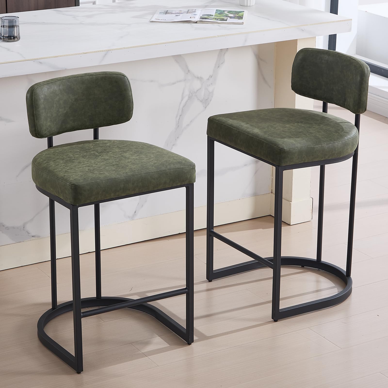 Juego de 2 taburetes de Bar de Piel sintética con Respaldo y reposapiés, Taburete de Cocina con Patas de Metal para Bar, mostrador, Cocina y hogar (2, Verde)