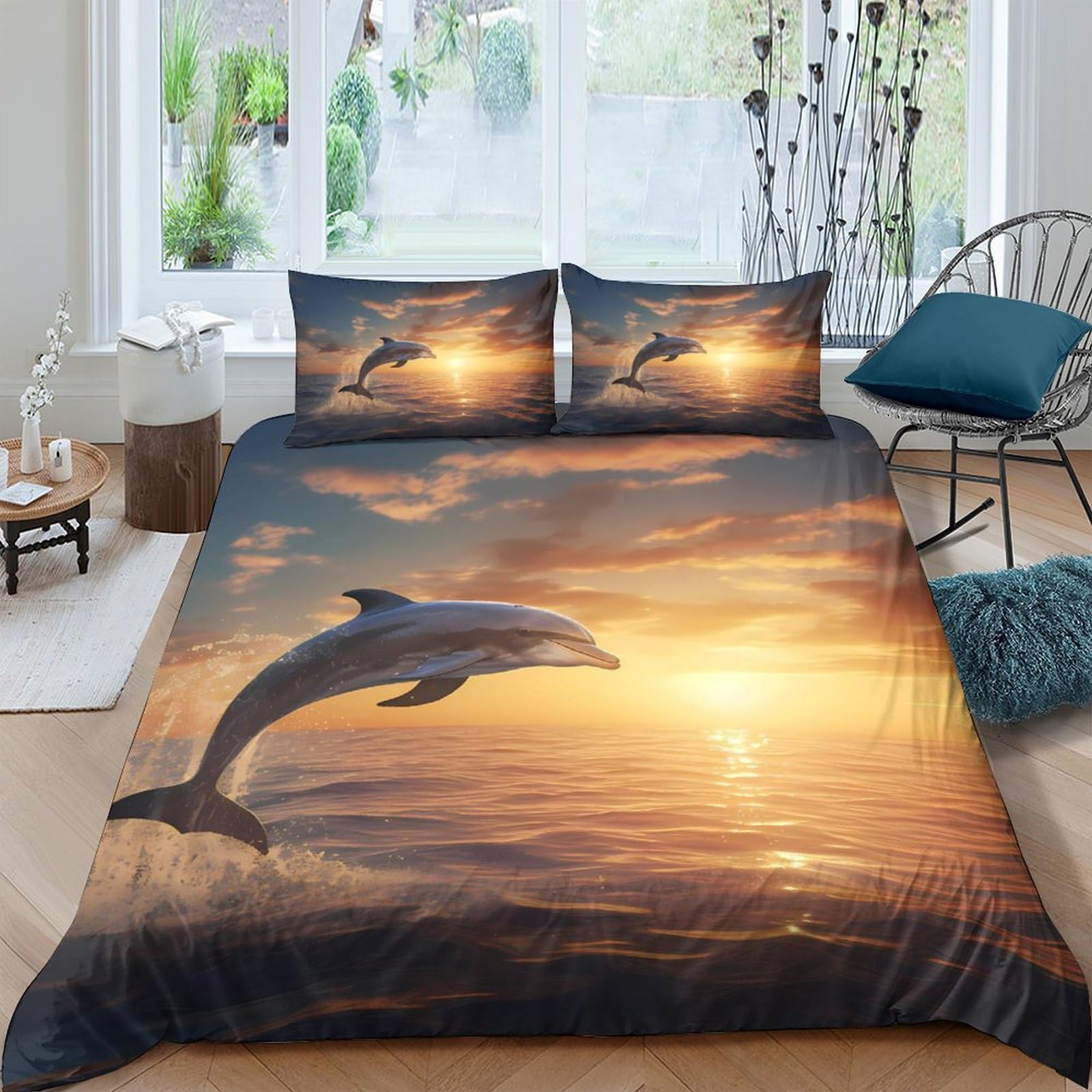 GPLZQXKJNH 3D Printed Dolphin Sunset Duvet Cover Microfiber Soft Breathable Ocean Wave Bedding Set with 2 Pillowcases for Bedroom Decor Single（135x200cm）