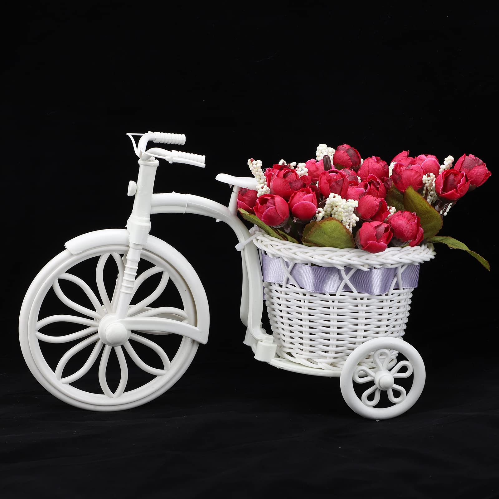 Nostalgic Bicycle Artificial Rose Flower Plant Stand Basket Decoration Creative Desktop Floral Personalized Fake Rose Arrangements for Home Tabletop Centerpieces Wedding Party Decor (White - Image 5