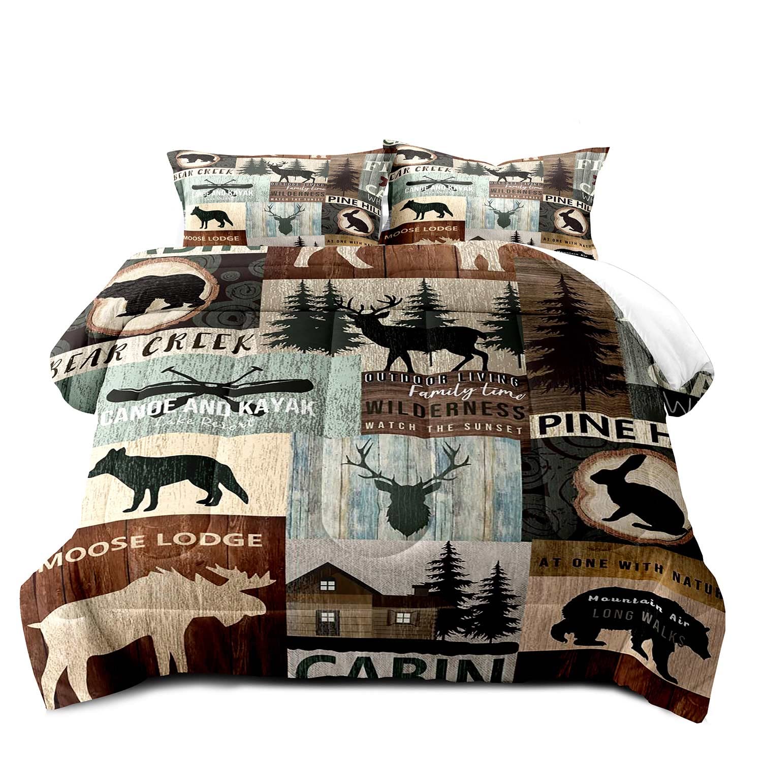 LUVIVIHOME 3PCS Black Bear Moose Deer Comforter Set, Queen Comforter, Pine Tree Woodland Rabbit Wolf Forest Animal Wildlife Hunting Cabin Lodge Vintage Country Rustic Farmhouse Bedding, 2 Pillow Shams