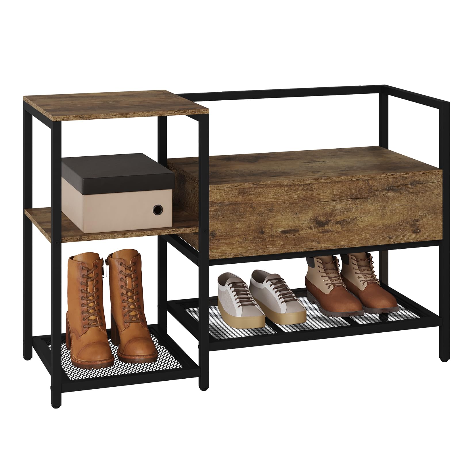 WOLTU Banco de Zapatos 2 en 1, Zapatero con Asiento y 4 Estantes, Banco de Almacenamiento, Zapatero Vintage, Organizador para Salón, Pasillo, Dormitorio, Marrón Rústico