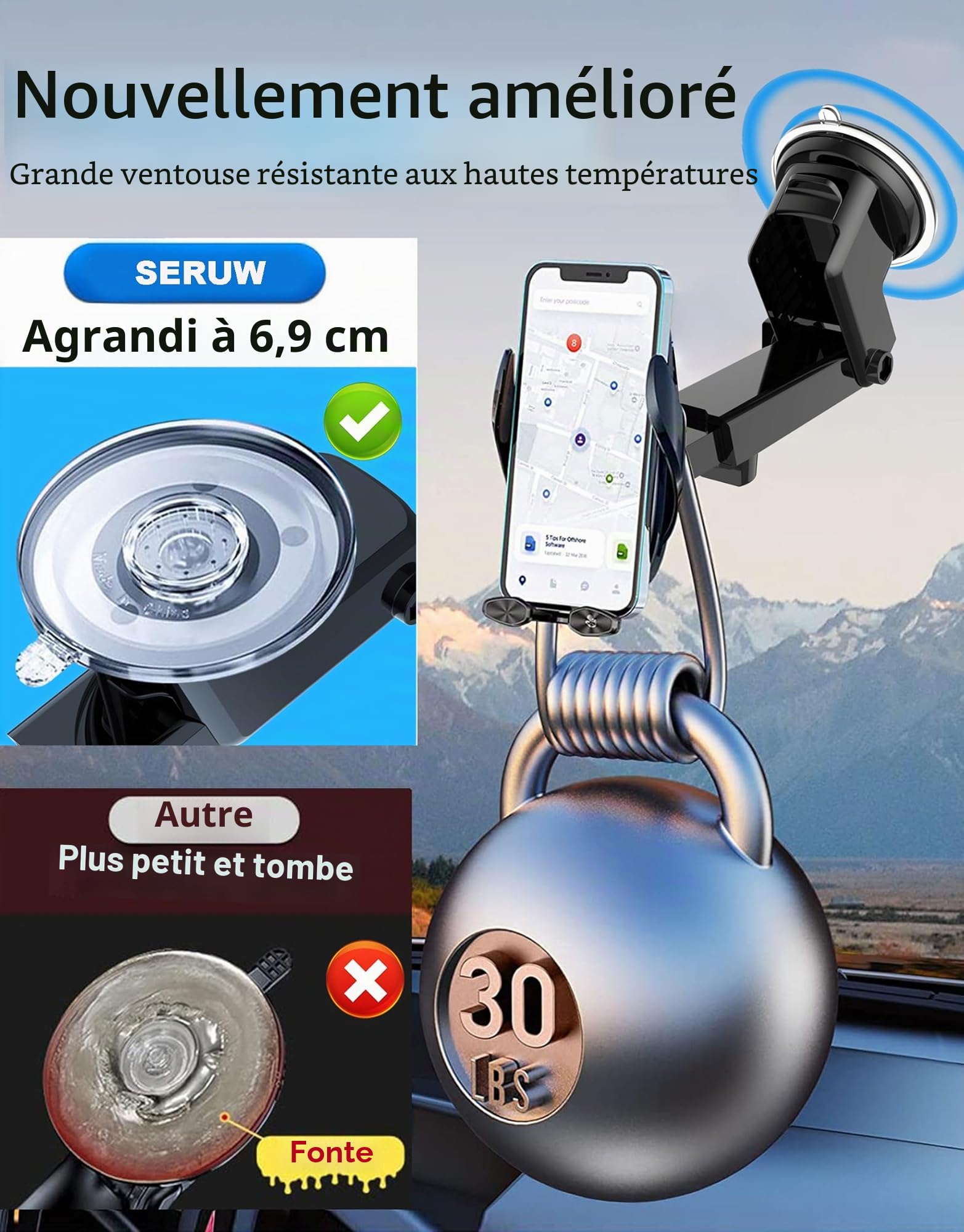 Support de téléphone portable pour voiture 15 W avec fonction de charge, chargeur inductif, support de téléphone portable, ventilation automatique, fixation inductive, pour iPhone, Samsung, LG, etc