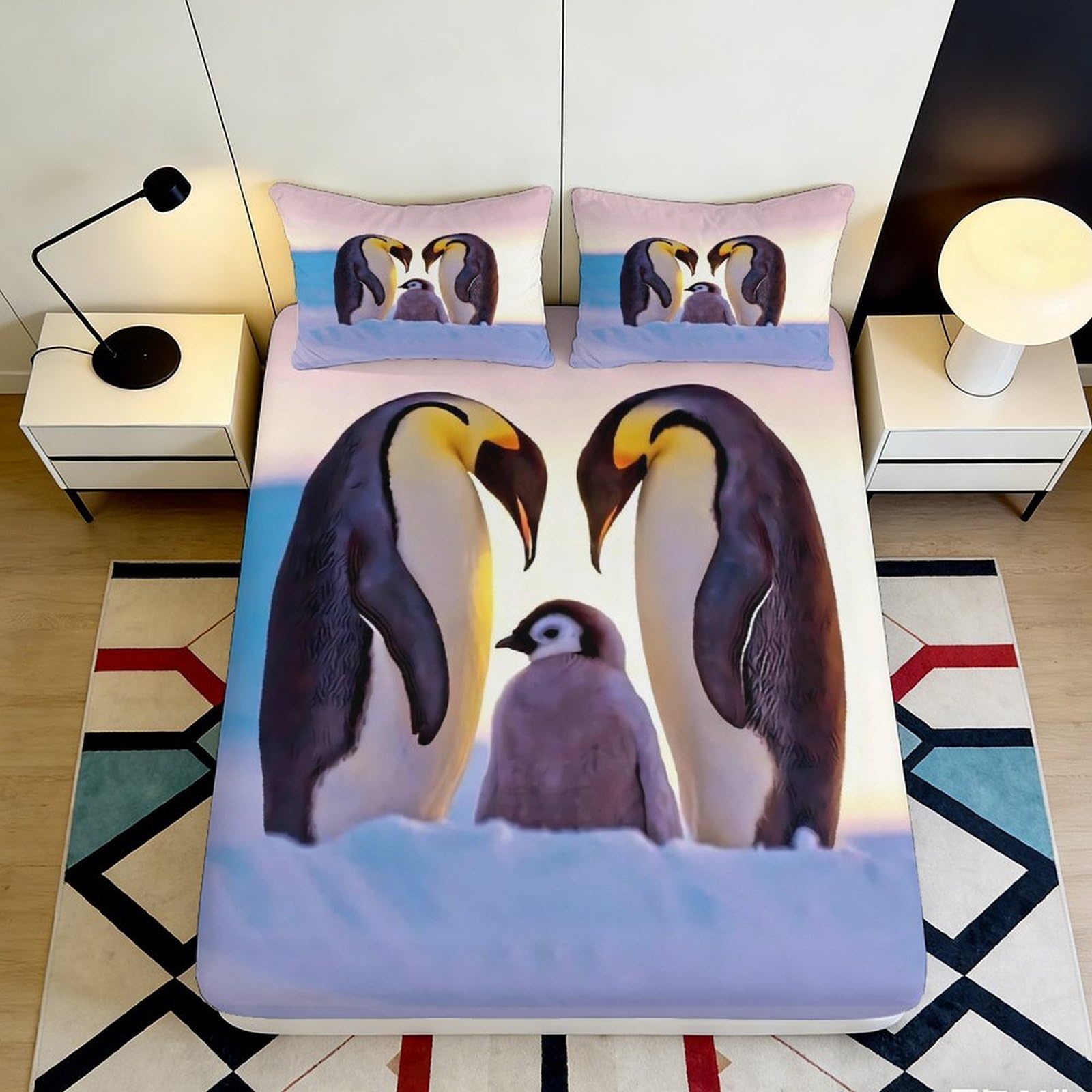 3D Printed Penguin Family Fitted Sheet Microfiber Soft Breathable Arctic Scene Bed Cover for Bedroom Dorm Decor 90x200x25cm