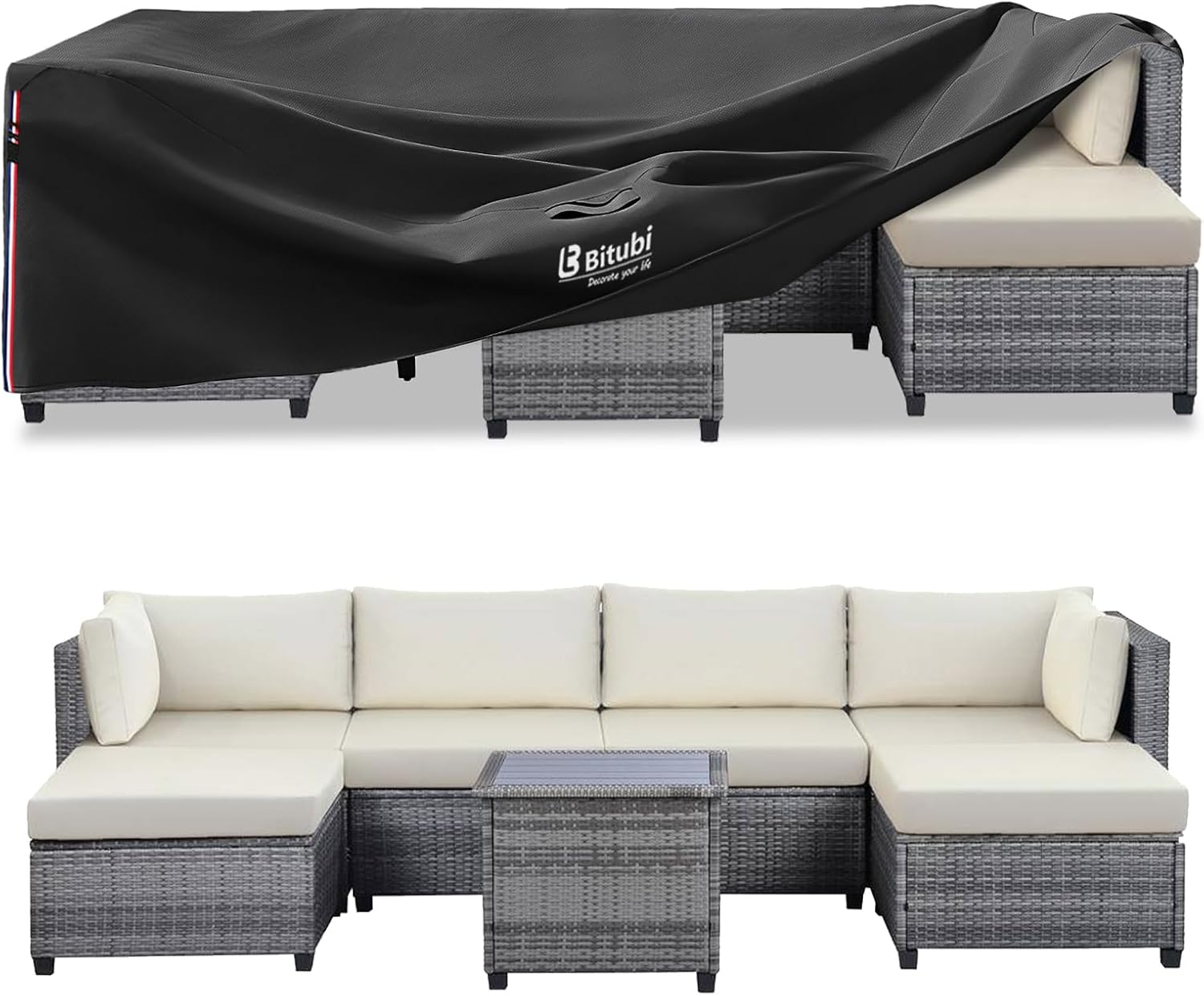 Bitubi Rectangular Patio Table Cover - Heavy Duty 600D Tough Canvas Waterproof Outdoor Dining Table and Chairs Universal Furniture Cover Size 126L x 74W x 28H inch, Black