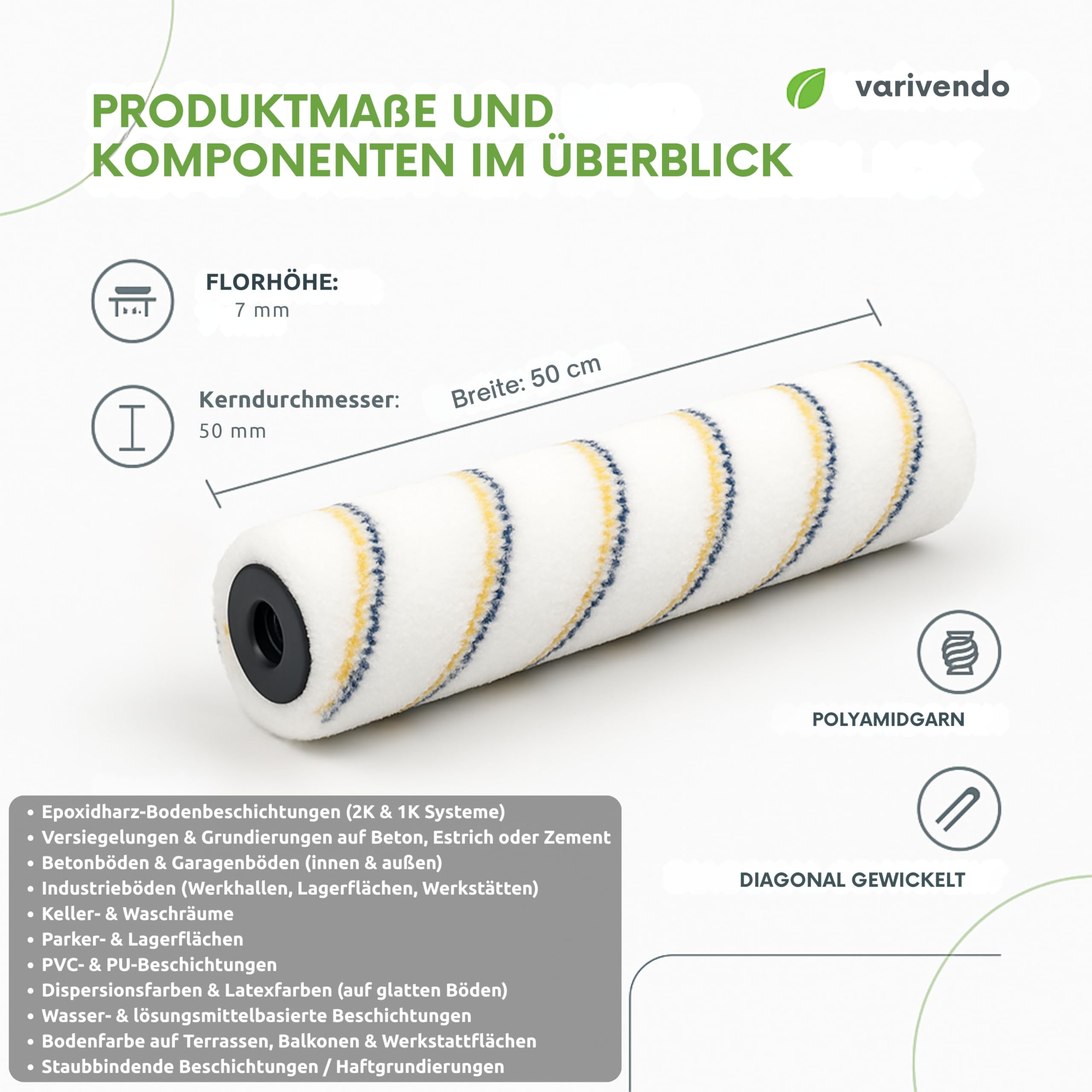 5x Bodenbeschichtungswalze 500mm, Polyamid-Farbroller für Epoxidharz und Lacke, Diagonal gewickelt, 7mm Florhöhe, 48mm Kerndurchmesser, Schwarz