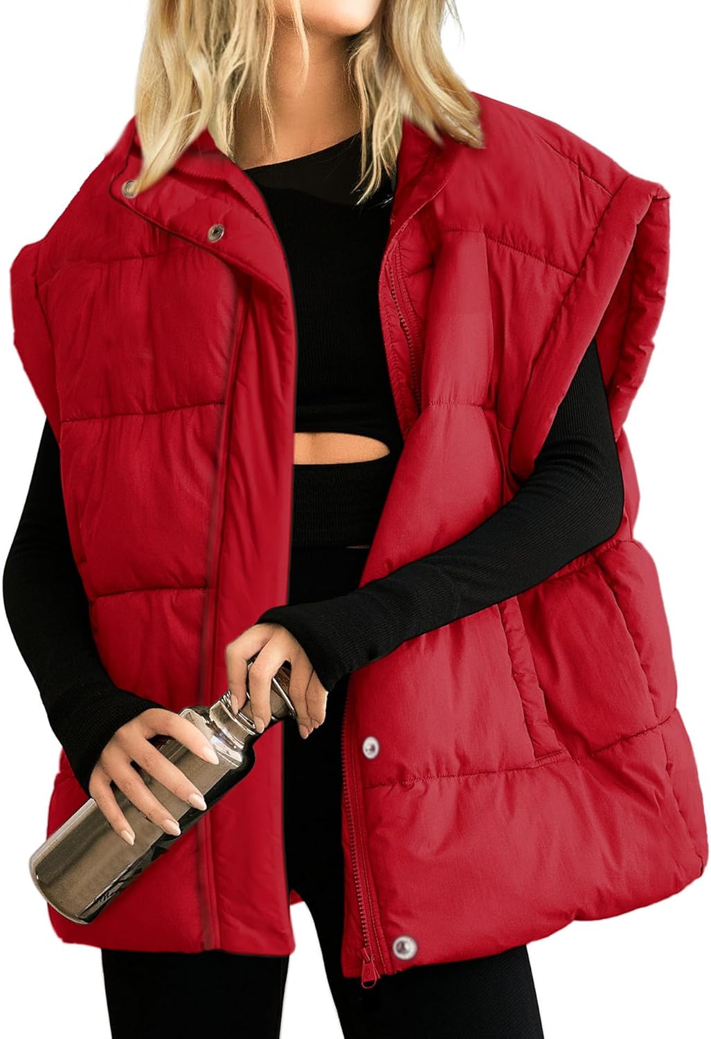 Songling Womens Oversized Puffer Vest Stand Collar Full Zip Sleeveless Bubble Puffer Vest Quilted Padded Warm Coat Outwear