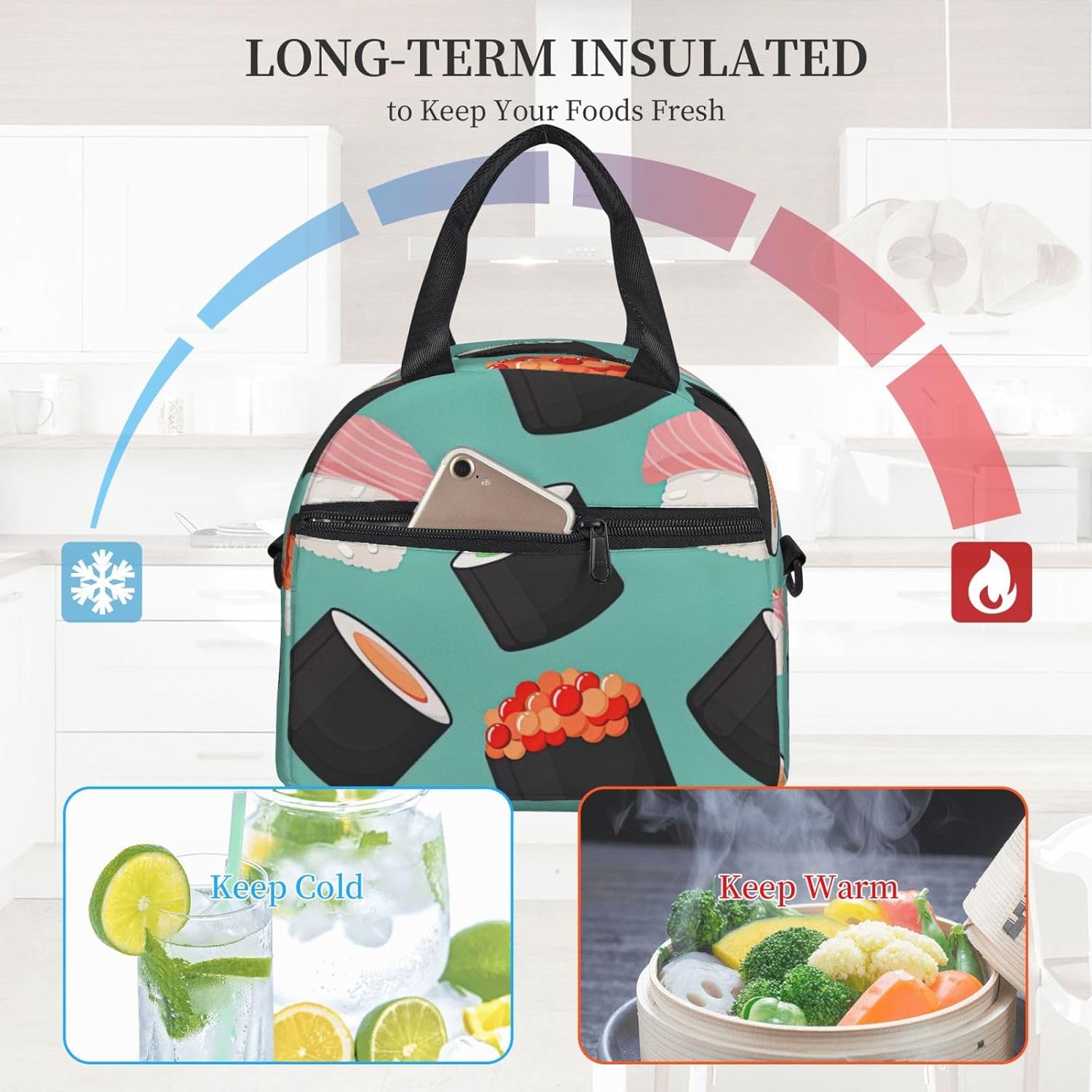 Sushi Food Pattern1 Print Reusable Lunch Bag Insulated Lunch Boxes for Office Work Picnic Tote Bag Adjustable