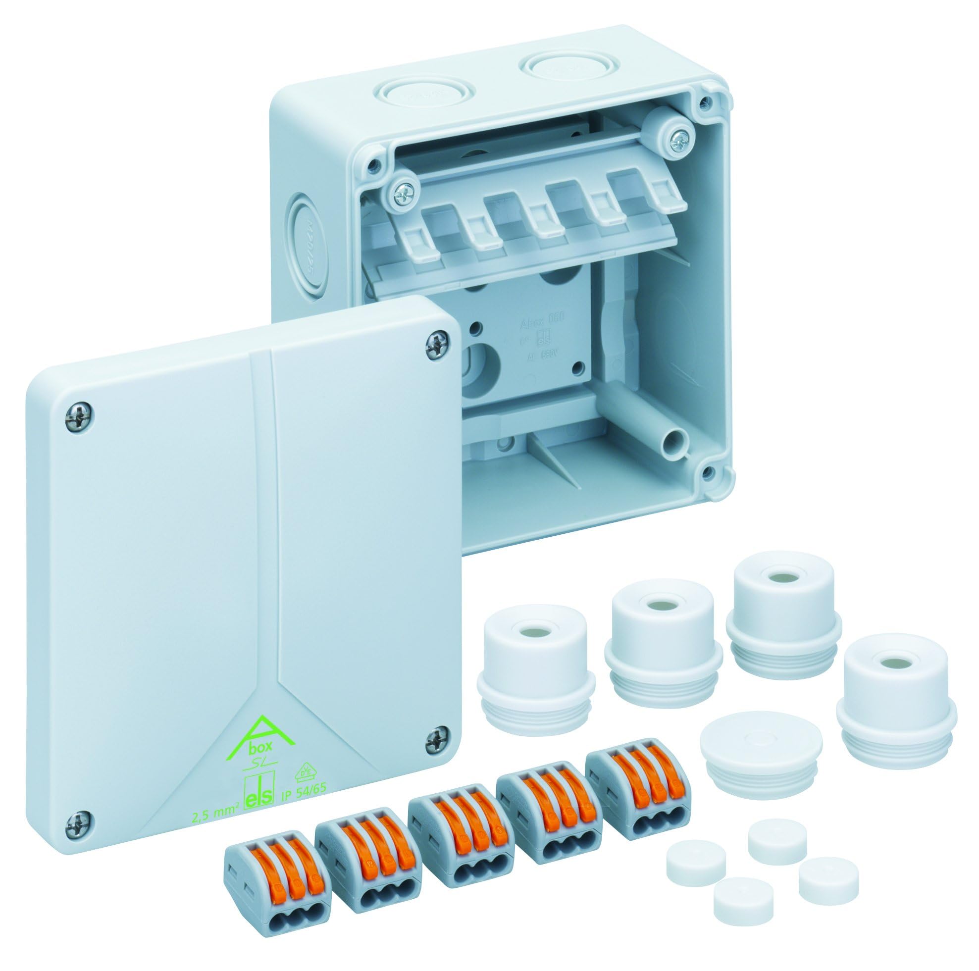 WAGO Abox 060 IP65 Junction Box, Screwless Connection Technology, Indoor Outdoor Use, Quick Fitting, Includes WAGO 222 Series connectors.