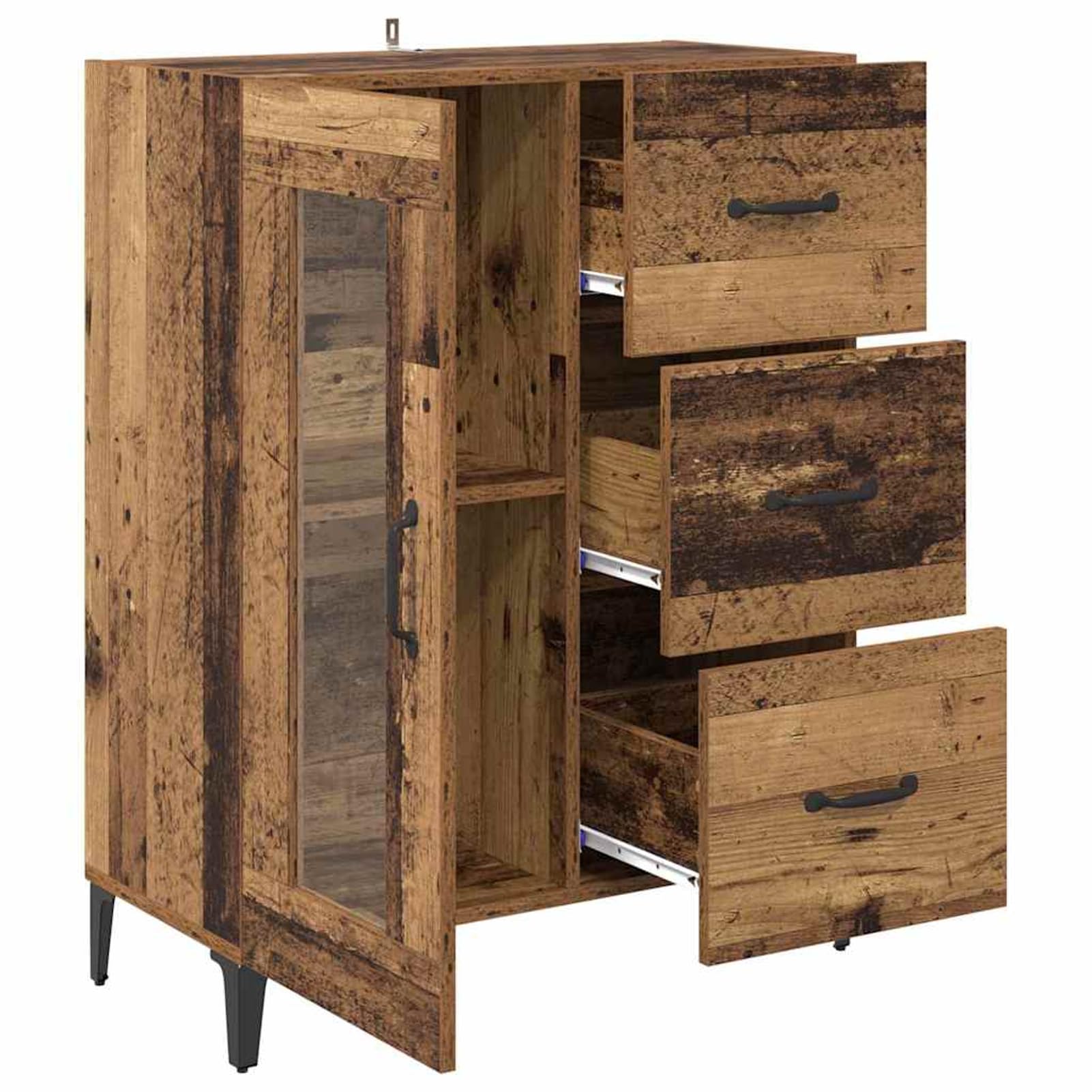 Gecheer Credenza con cassetto e Ante in Vetro, 69,5 x 34 x 90 cm, in Legno ingegnerizzato e Ferro, Stile Rustico per Sala da Pranzo e Soggiorno