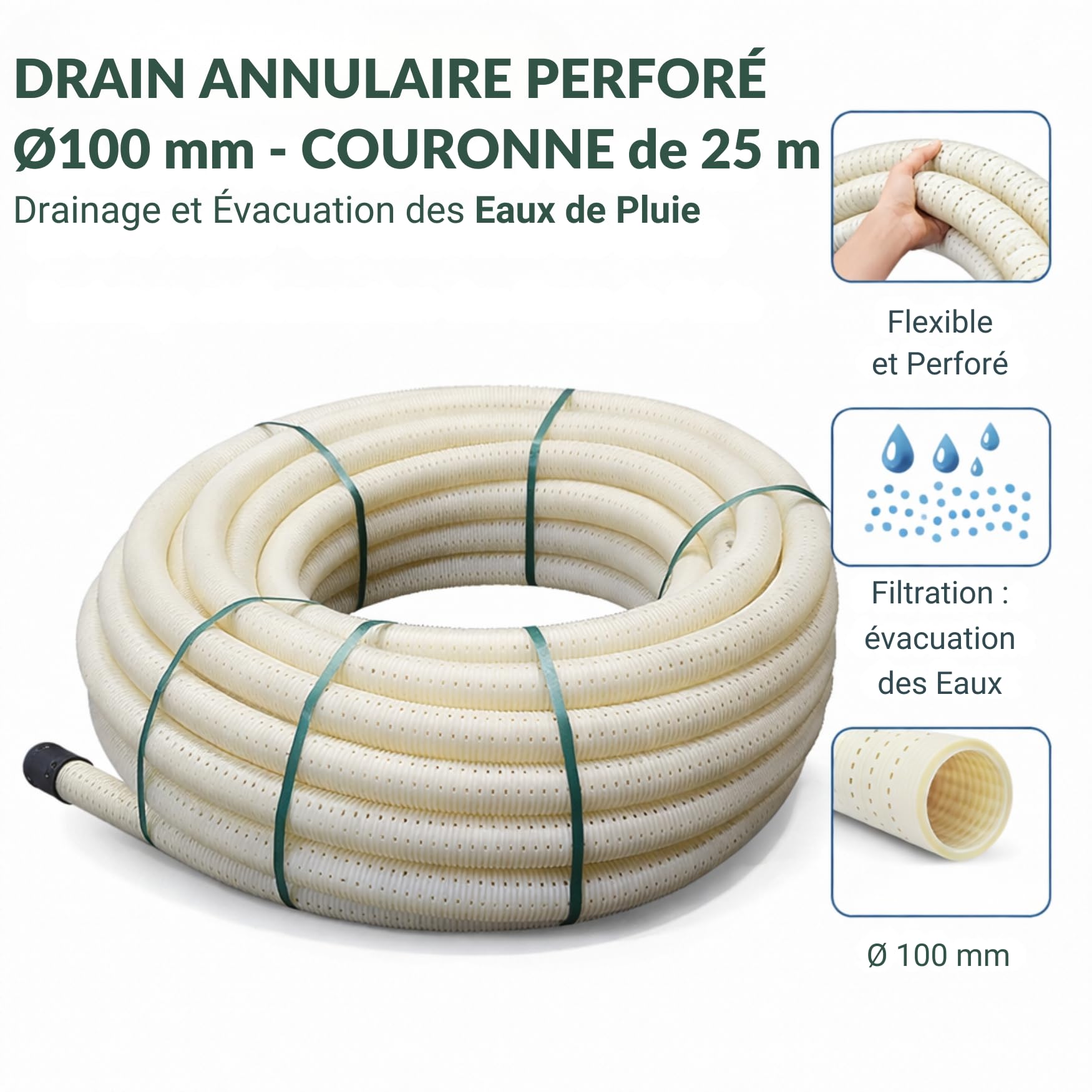 Jardibric - Drain Perforé 100 mm 25 m - Drain Agricole Annulaire - Tuyau Drainage Eau Pluie