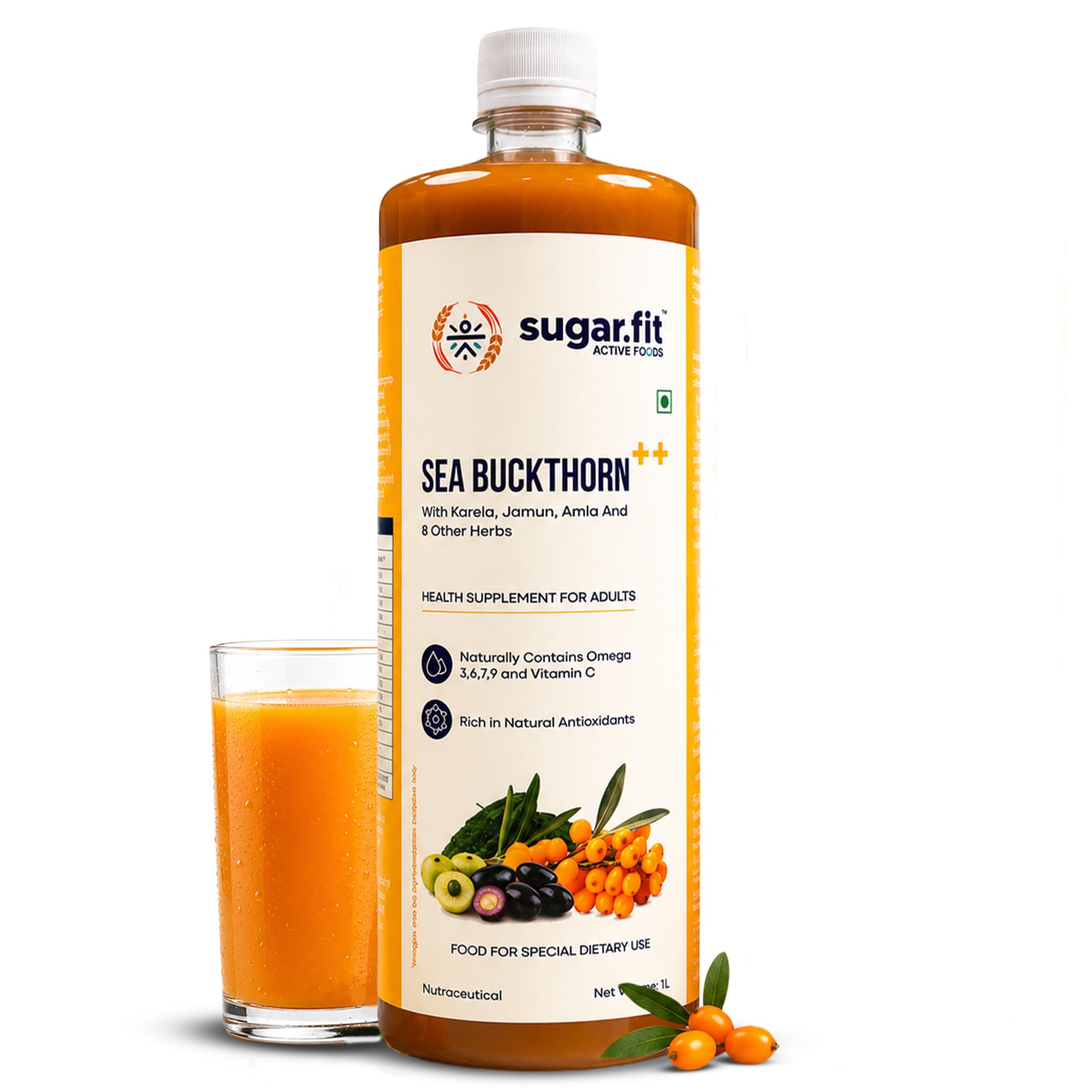 Sugar.fit | Active Food Sea Buckthorn Juice, with Karela, Jamun, Amla and 8 Other Herbs, Rich in Antioxidants, 1 L-image-39