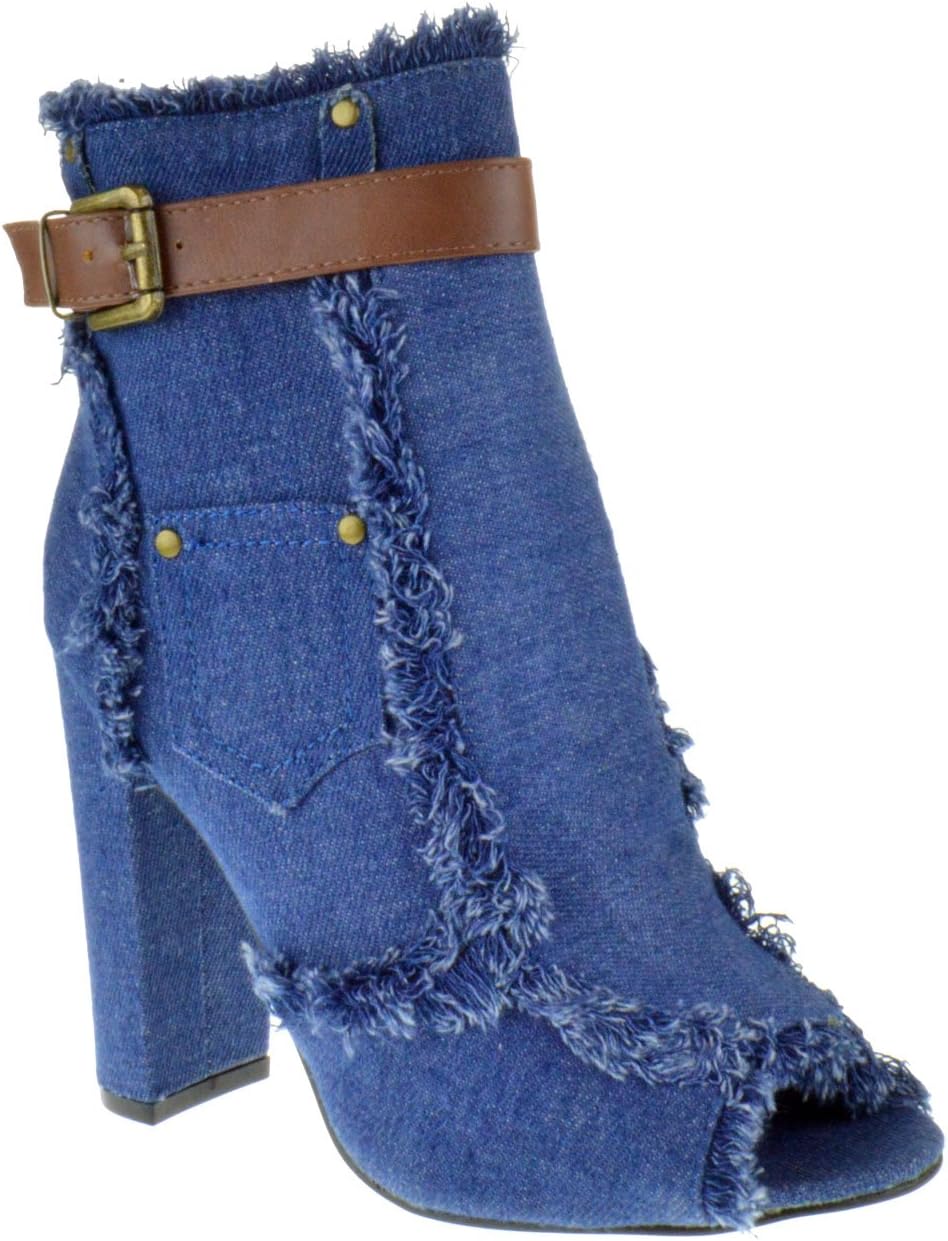 Foever Sherry 10 Womens Freyed Denim Peep Toe Chunky Heel Booties Light Blue Denim 6