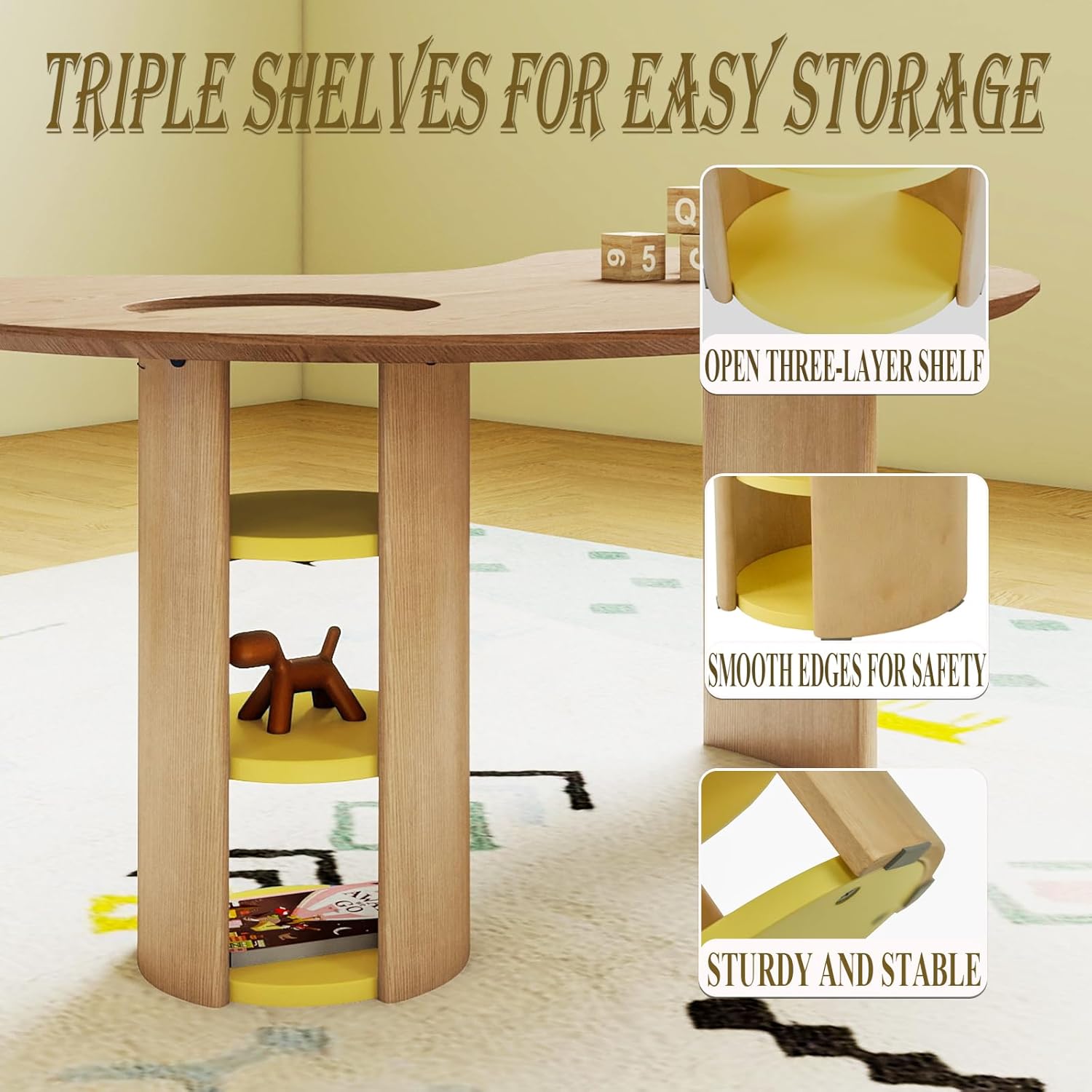 Kids Table with Storage, Kidney Desk, Half Moon Family Activity Table, Children Desk, Horseshoe Table for Bedroom, Kids Room & Play Area, Yellow