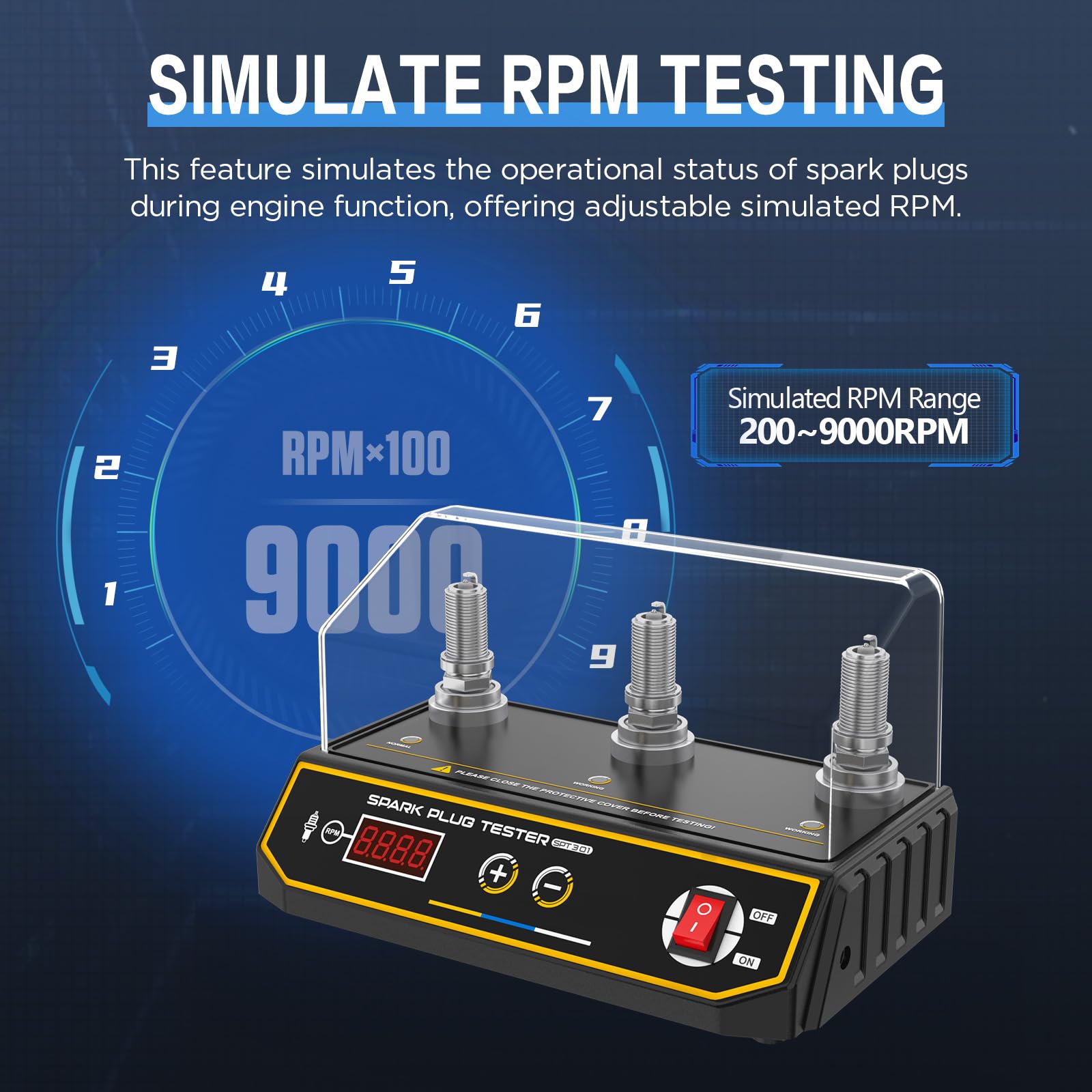 Tester per candele per auto, analizzatore per candele di accensione per motori automobilistici da 220 V Tester di accensione da 200-9000 giri/min con copertura protettiva con presa da 12 mm a tre fori
