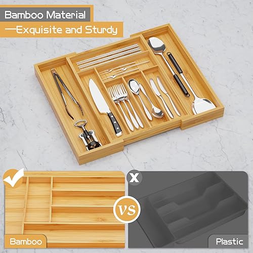 Miniatura 3 de Organizador de utensilios de cocina, organizador de cajones para cajón de cocina, bandeja de cubiertos expandible de bambú para utensilios,