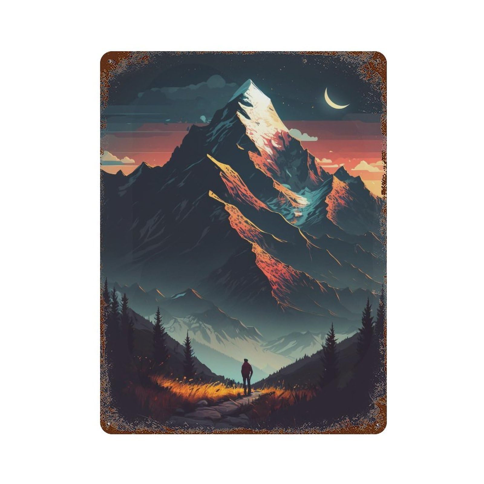 Rust Effect Mountain Adventure at Sunset Rustic Tin Plaque 15.7"x11.8", Industrial Home Decor for Bistro, Counter And Cafe Decor