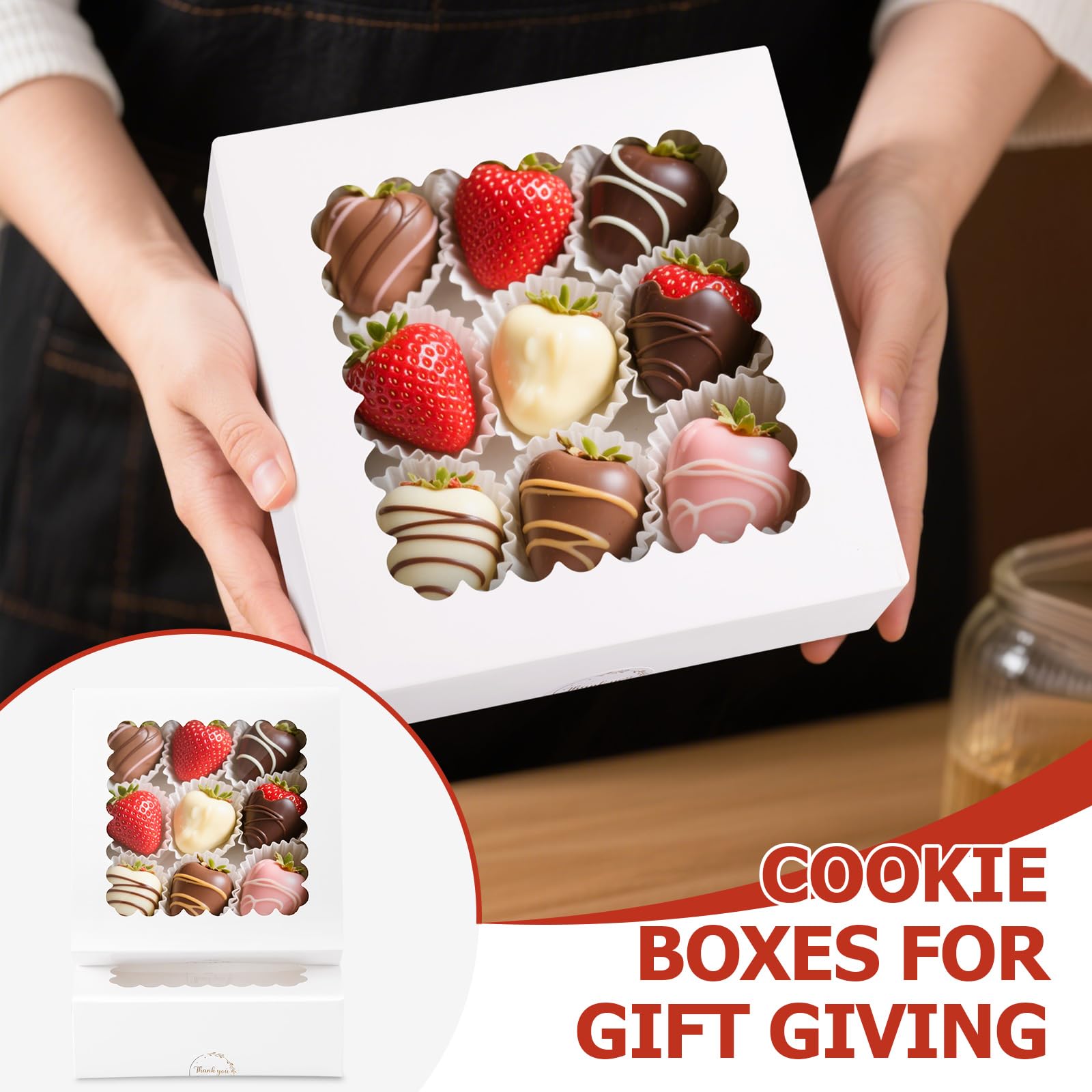20 cajas de panadería con ventana, 8 x 8 x 2.5 pulgadas, cajas blancas para postres, galletas, pastelería, fresas de chocolate y pastel