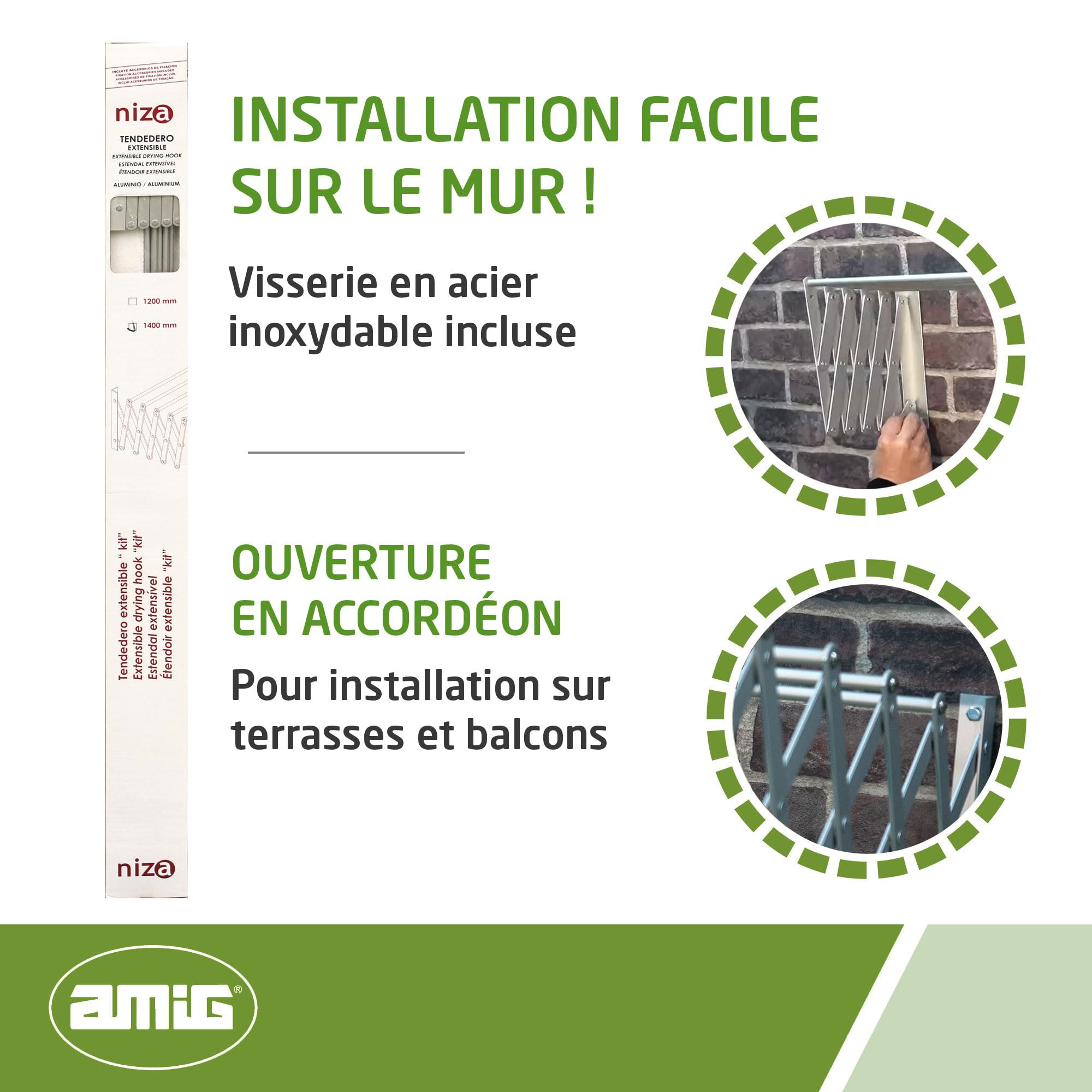 Amig - Étendoir Extensible Mural Niza | Fabriqué en Aluminium de Haute résistance | Finition Inoxydable | Dimensions : 120x14x3cm | Étendoir à Linge Pliable | Étendoir extérieur