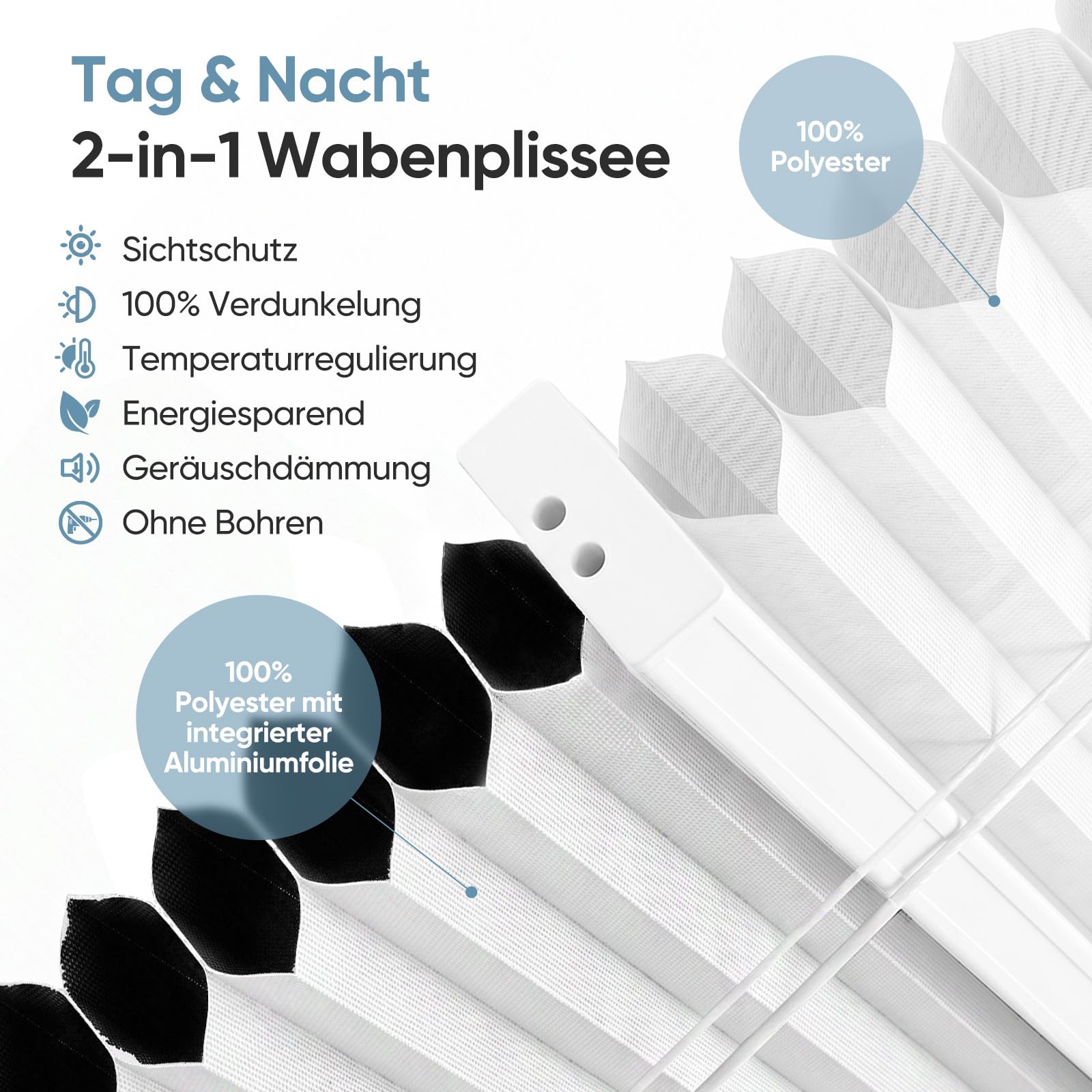 Sekey Wabenplissee Ohne Bohren Doppelplissee Day+Night Verdunkelung Rollo 100% verdunkelnd Blickdicht – Bild 3