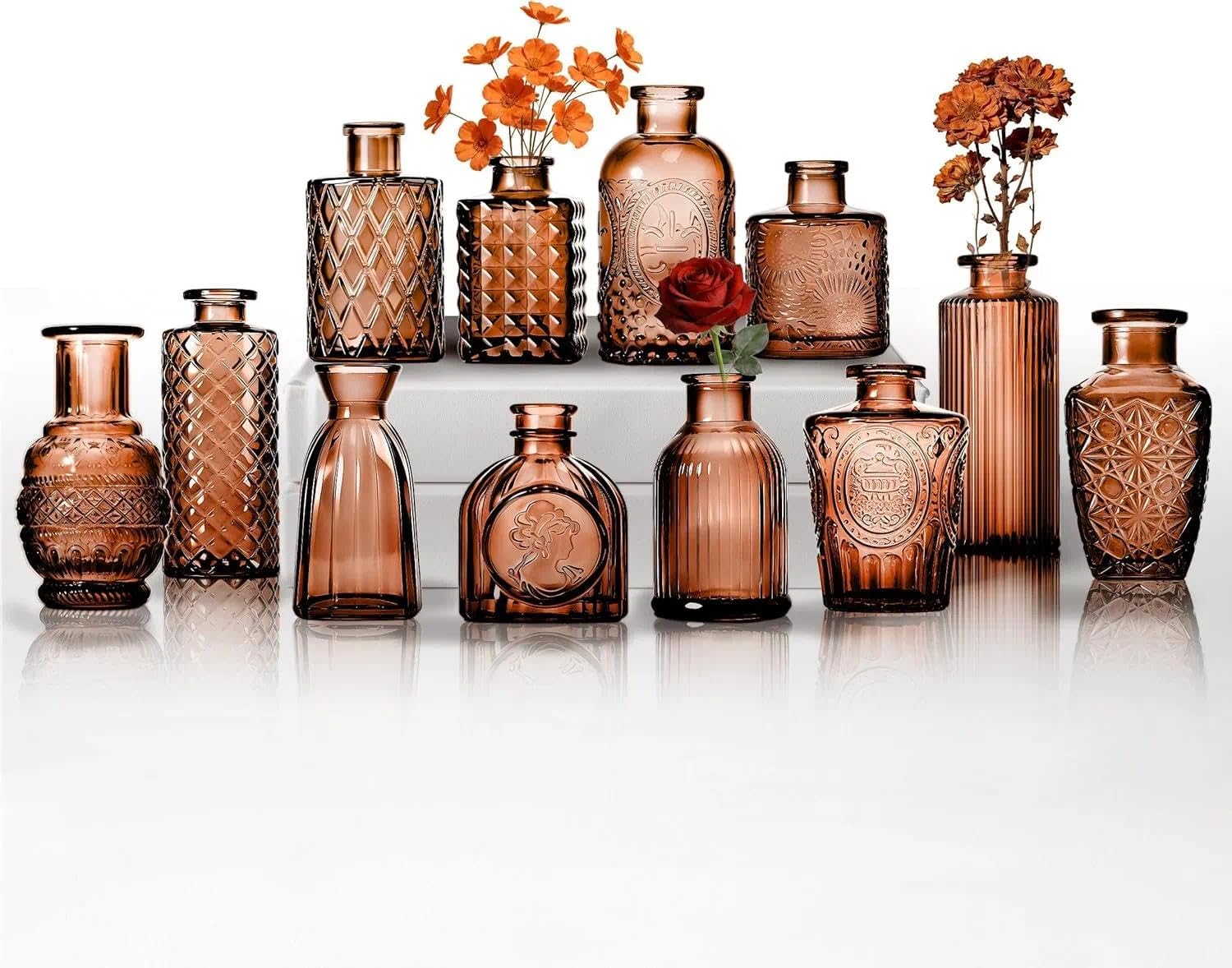 12 Pieces, Small Glass Vases, Vintage Style with Structural Pattern, for Flowers and Home Decor (Amber, 12 pieces)