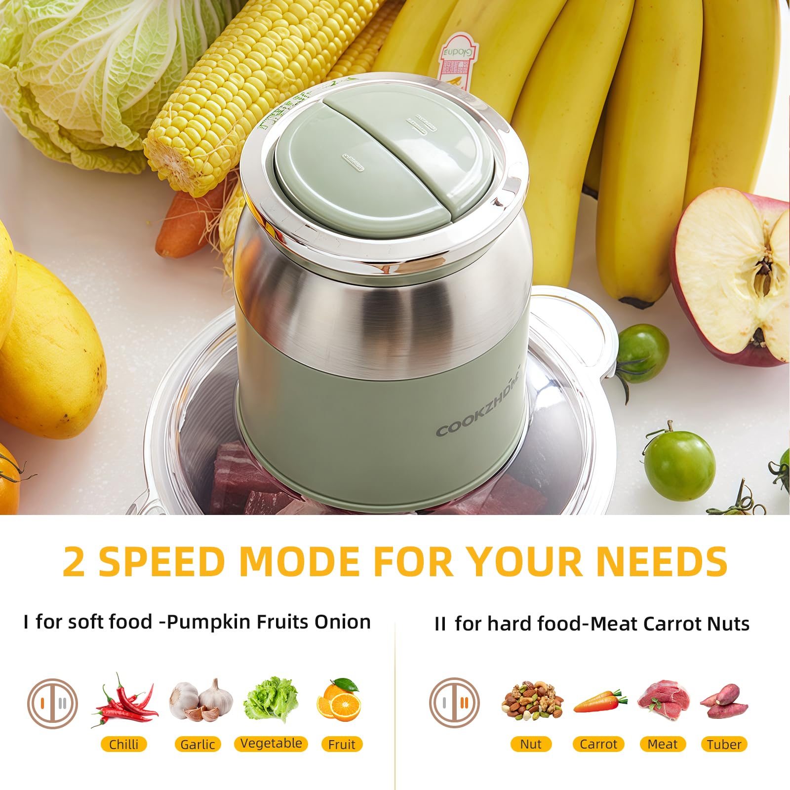 Procesador de alimentos verdes, picadora de carne eléctrica de 500 W con tazón de acero inoxidable de 8 tazas y 4 cuchillas afiladas, picadora de alimentos y picadora de verduras para uso 3