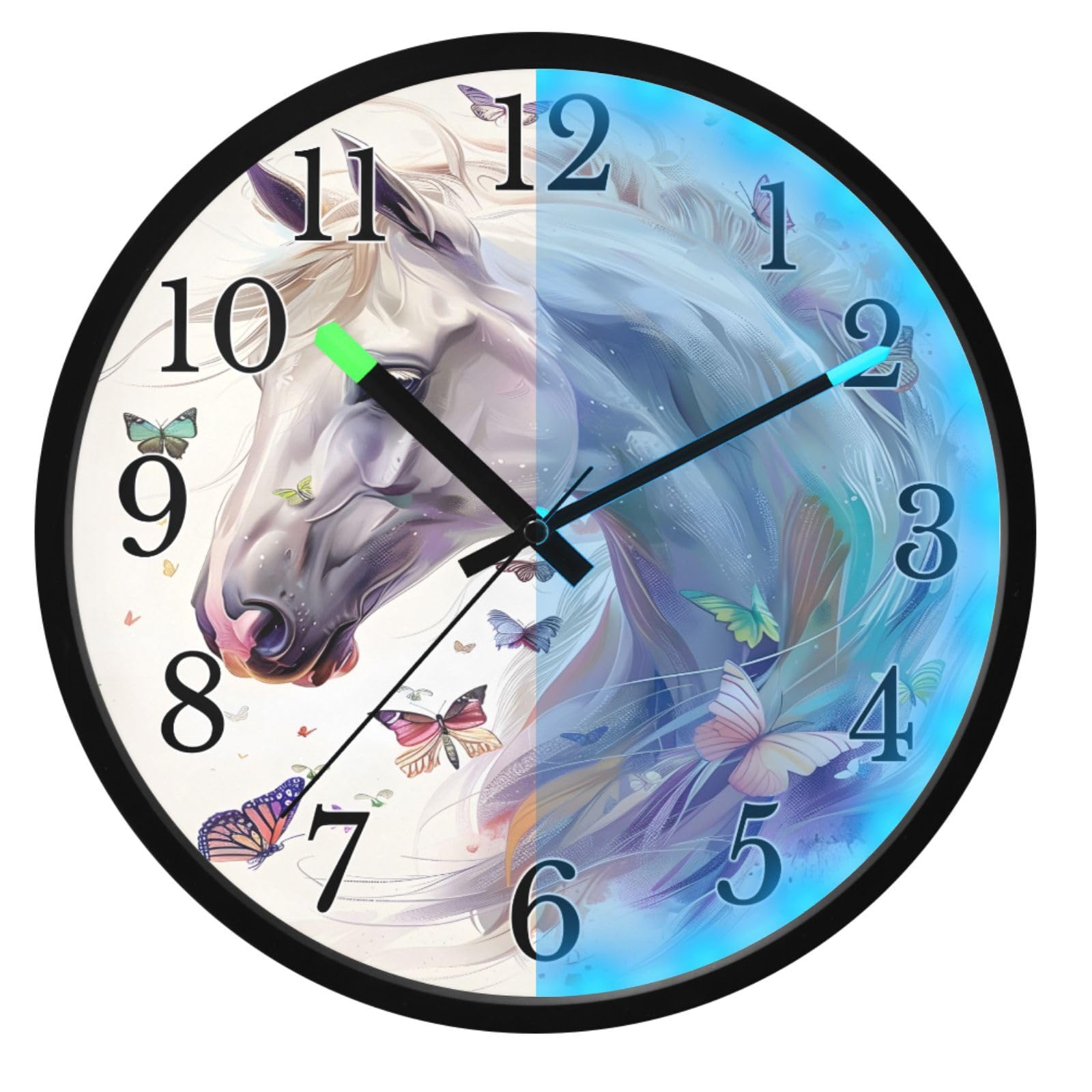 Mnsruu Reloj de pared luminoso con diseño de caballo blanco y mariposa y unicornio, funciona con pilas, silencioso, brilla en la oscuridad, para sala de estar, cocina, 12 pulgadas