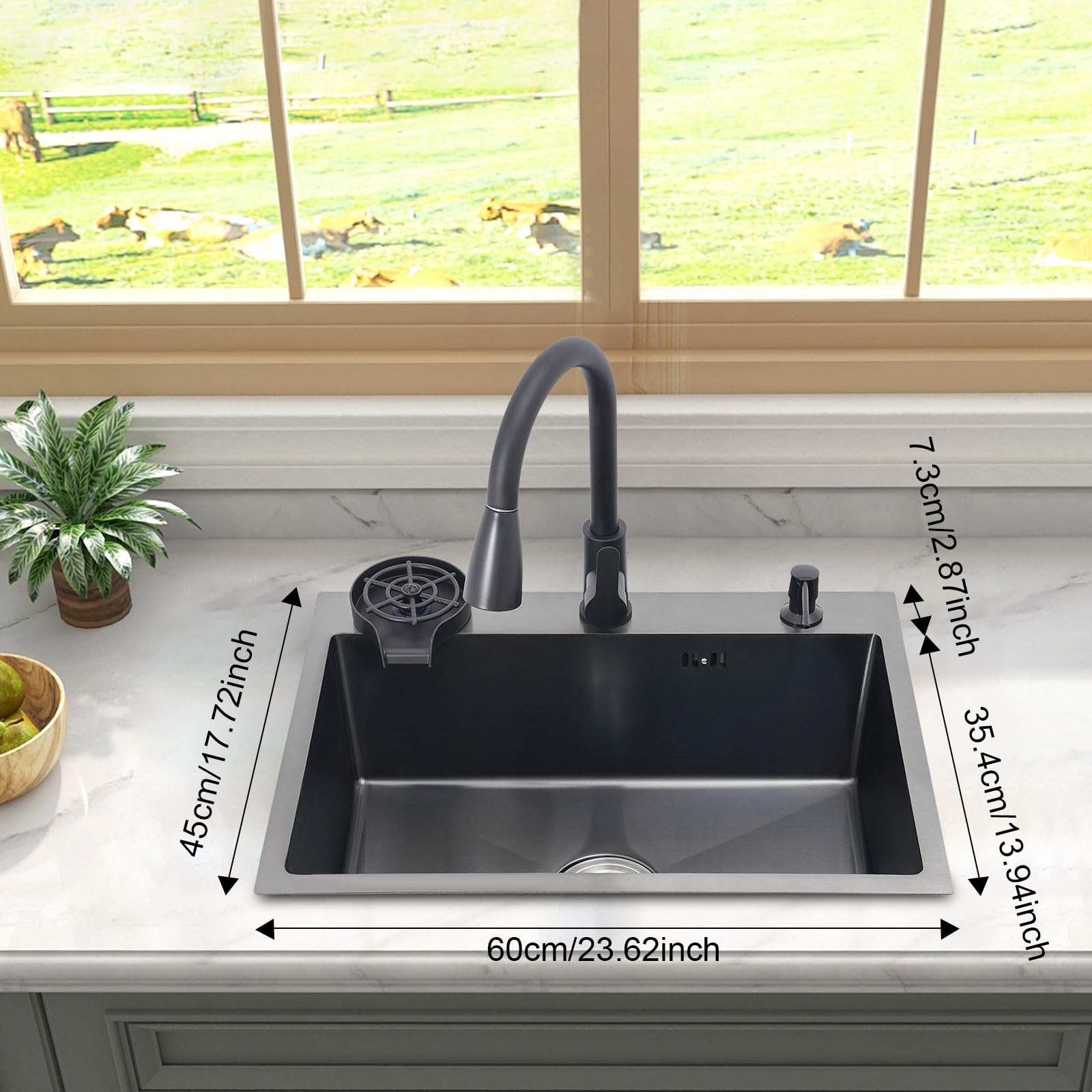 Schwarze Küchenspüle 60x45x20 cm,Spülbecken Edelstahl Edelstahl-Arbeitsplatzspüle 1 Becken,Spüle Küche mit Abflusskorb + Seifenspender + Ausziehbar Hahnloch