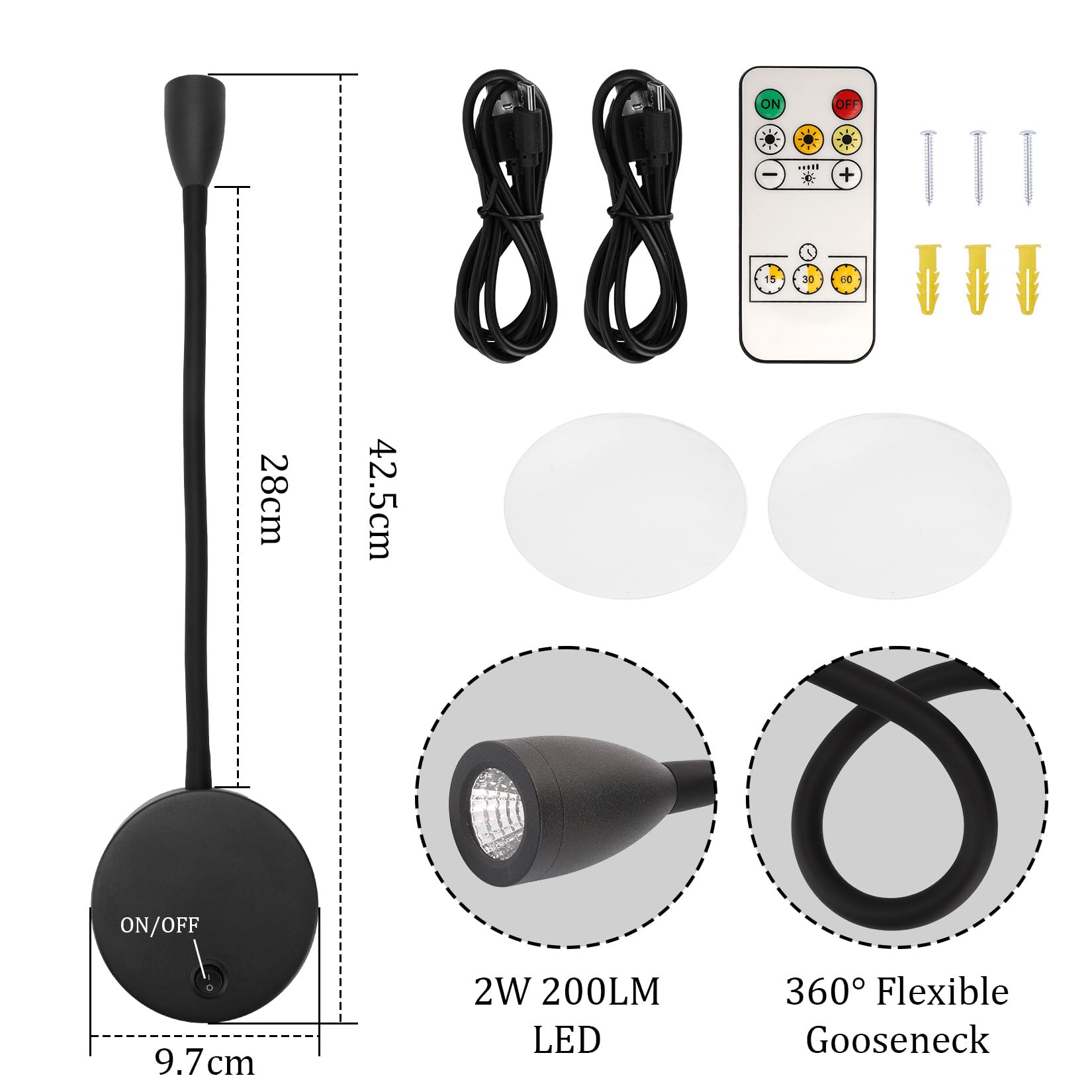 Klighten Reading Light Wireless Dimmable with Remote Control Battery 2W LED Bedside Lamp Adjustable Indoor Rechargeable USB 200 LM 3000/4500/6000K Black Pack of 2