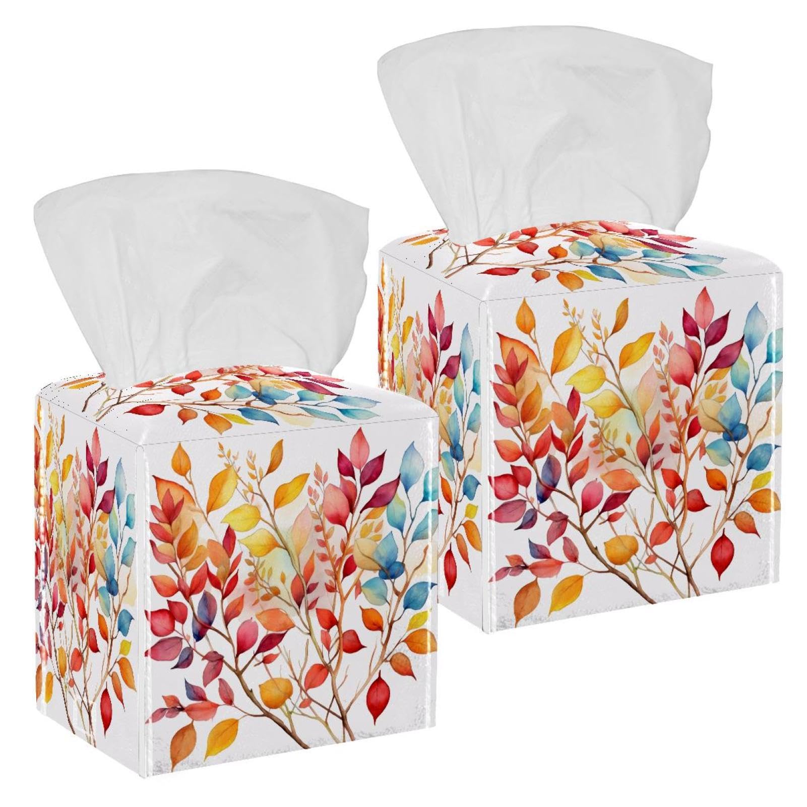 Artistic Leaves Tissue Box Cover, 2 Pack PU Leather Square Facial Tissue Dispenser Box holder for Home Office Car