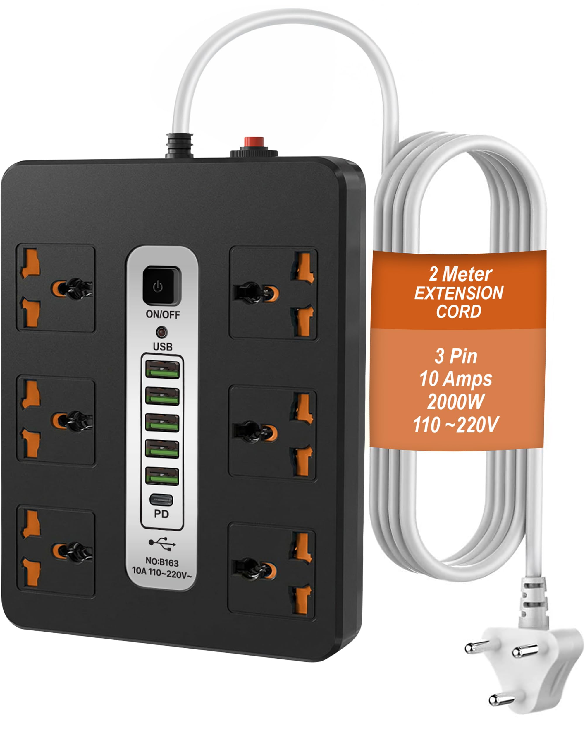 DR VAKU® 12in1 2000W Extension Board with 6 Universal Sockets & 5 USB A Ports (18W), 20W Fast PD Type C Charge 3 Meter Heavy Duty Cord Smart Chip Power Strip for Home Office Travel, 220 Volts- Black-picture-24