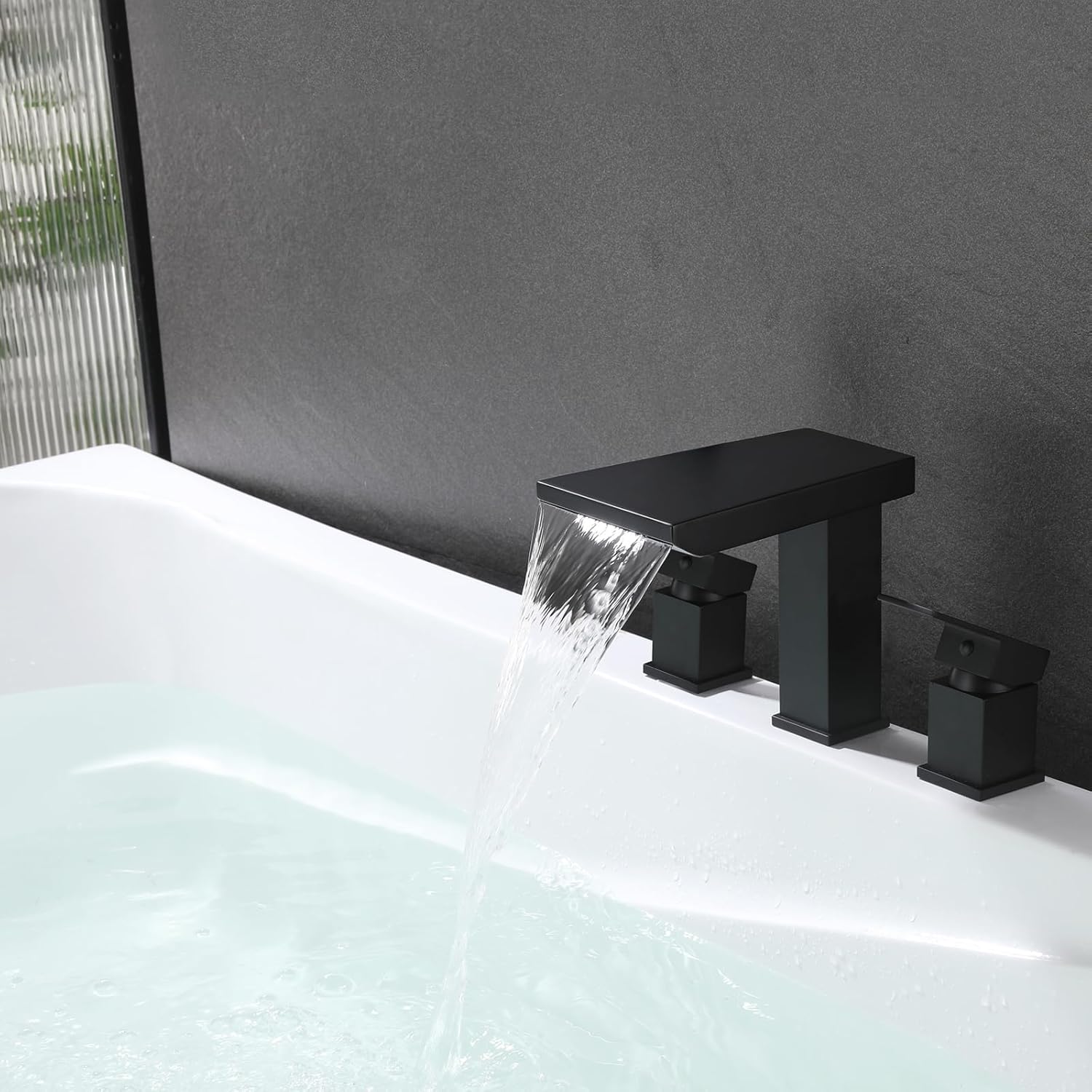 Brass High Flow Waterfall Roman Bathtub Faucet,Deck Mount Bathtub Faucets Set,3 Holes Two Handles Widespread Bath Tub Filler Tub Faucets,Matte Black