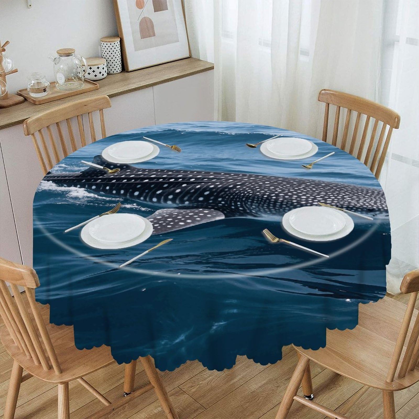 VstaDank Whale Shark Round Tablecloth Wipeable Round Polyester Tablecloth Waterproof Wrinkle Free Indoor and Outdoor Table Cover 60 Inch Decorative Farmhouse Table Cloth for Dining