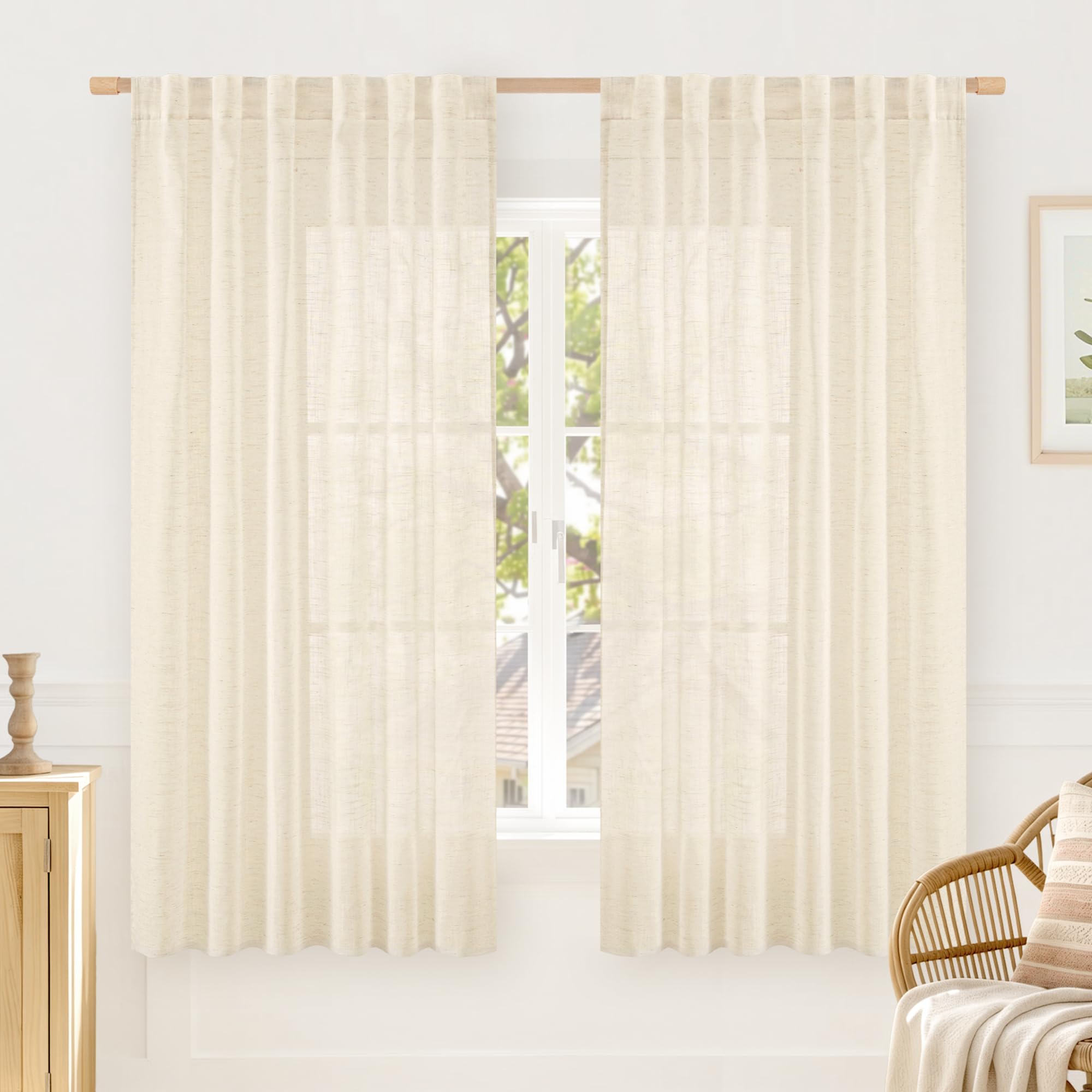 LAMIT Natural Linen Semi Sheer Curtains 84 Inches Long 2 Panels, Living Room Linen Textured Light Filtering Drapes Back Tab and Rod Pocket Neutral Window Panels for Bedroom/Sliding Door, 52 x 84 Inch — view 48
