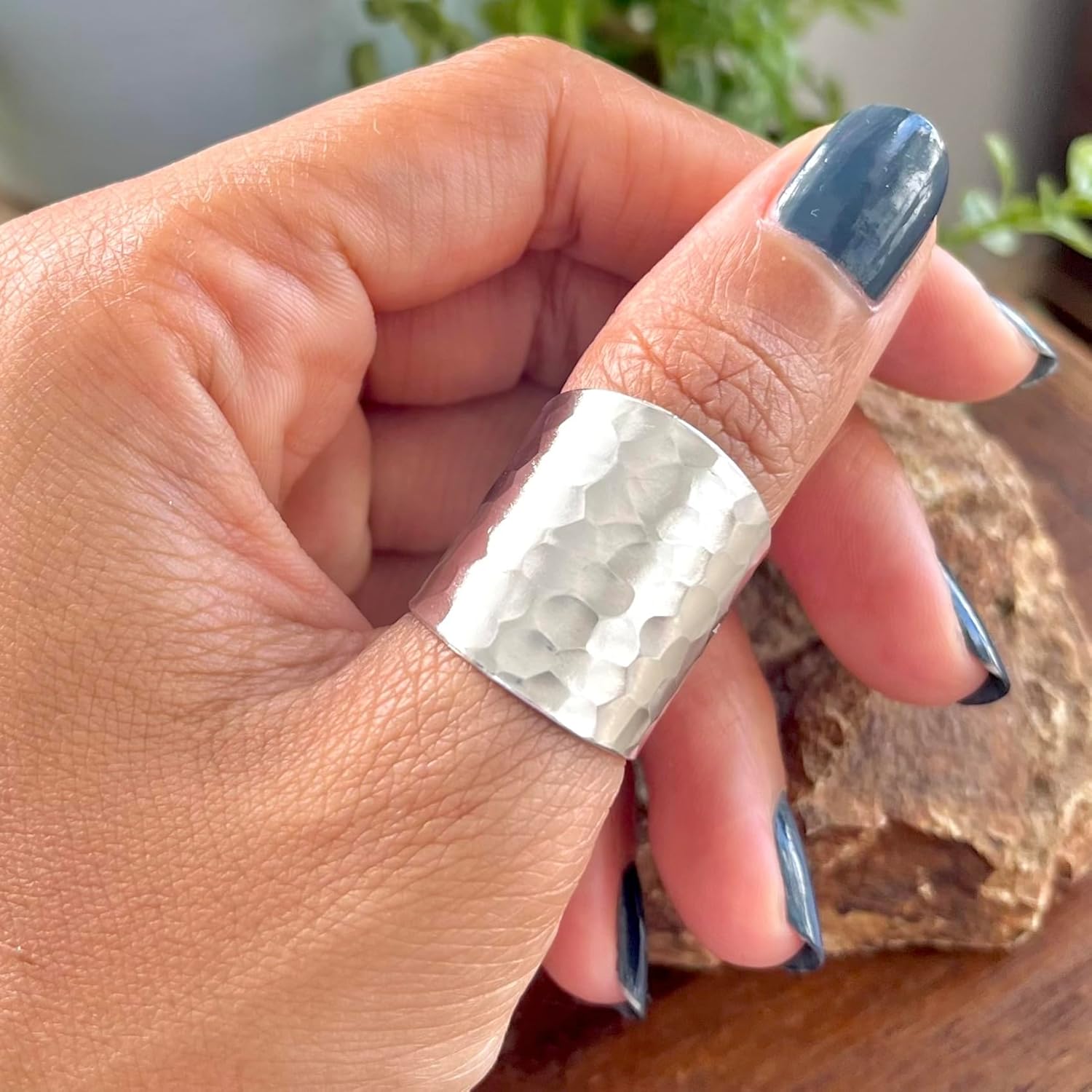 Hammered Sterling Silver Handmade Classic Wide Band Boho Statement Ring, Shiny Finish Wrap Band Adjustable to Sizes 6-12, Also as Thumb Ring, Gift for Her - Image 4