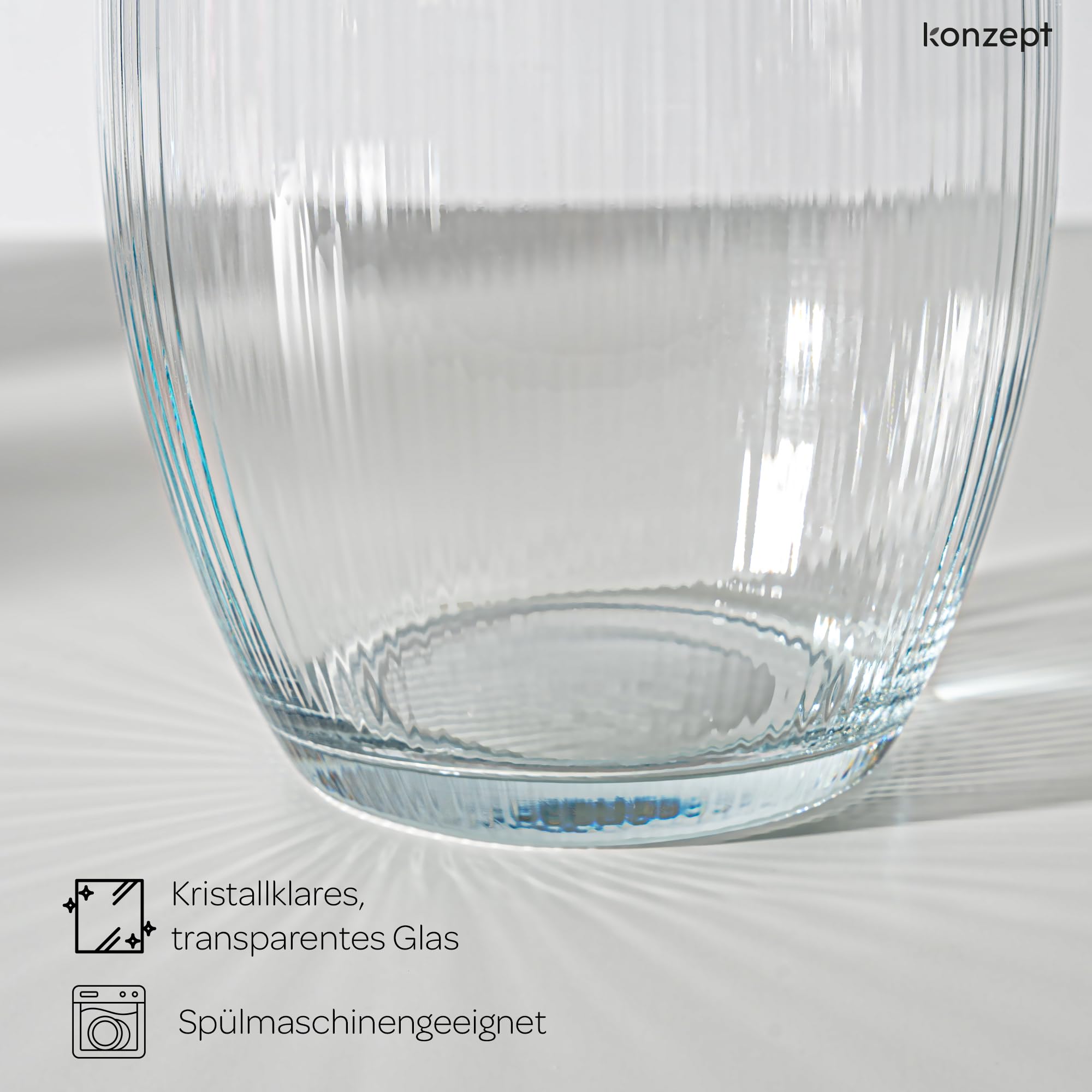 KONZEPT Glasvase 20 cm – geriffelte Struktur, dickwandig & elegant, für Blumen & Deko, europäische Qualität